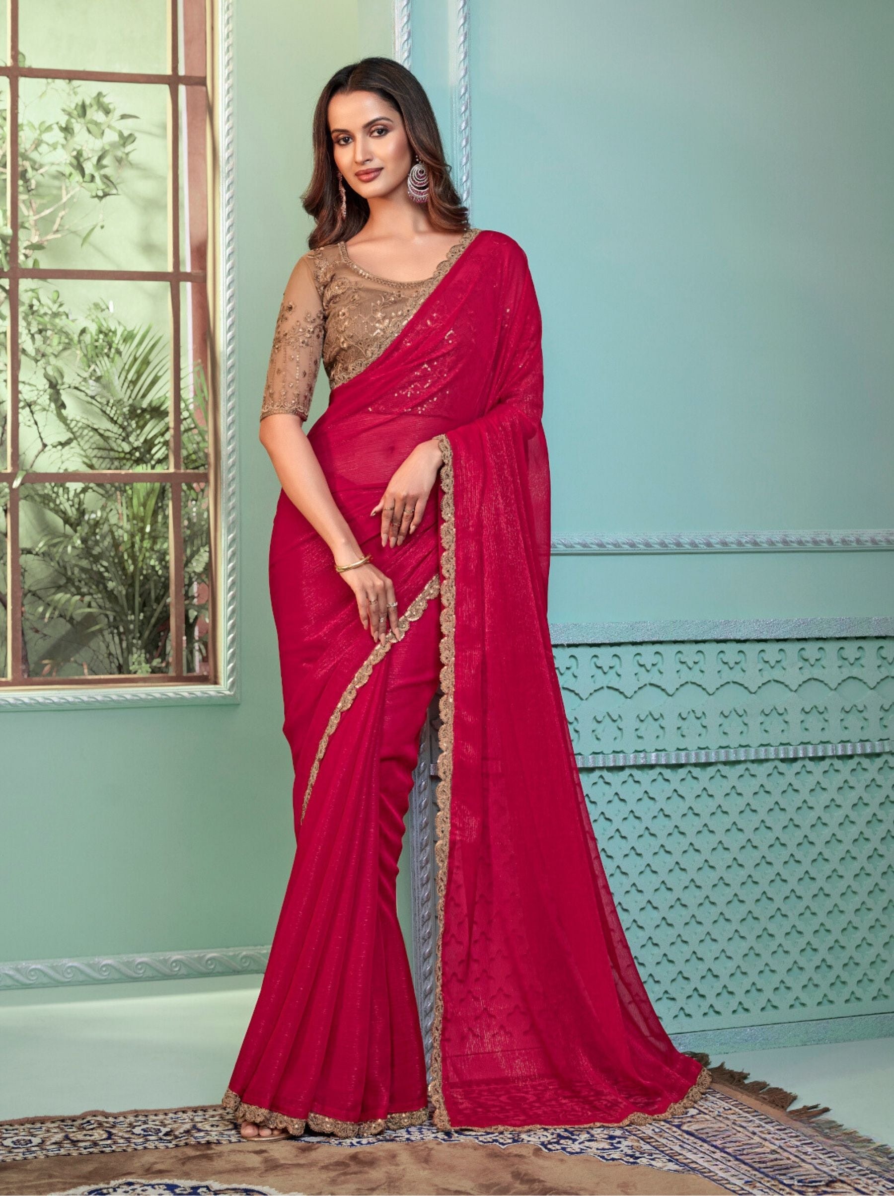 Chilli Red Premium Fancy Fabric Designer Wedding Party Saree