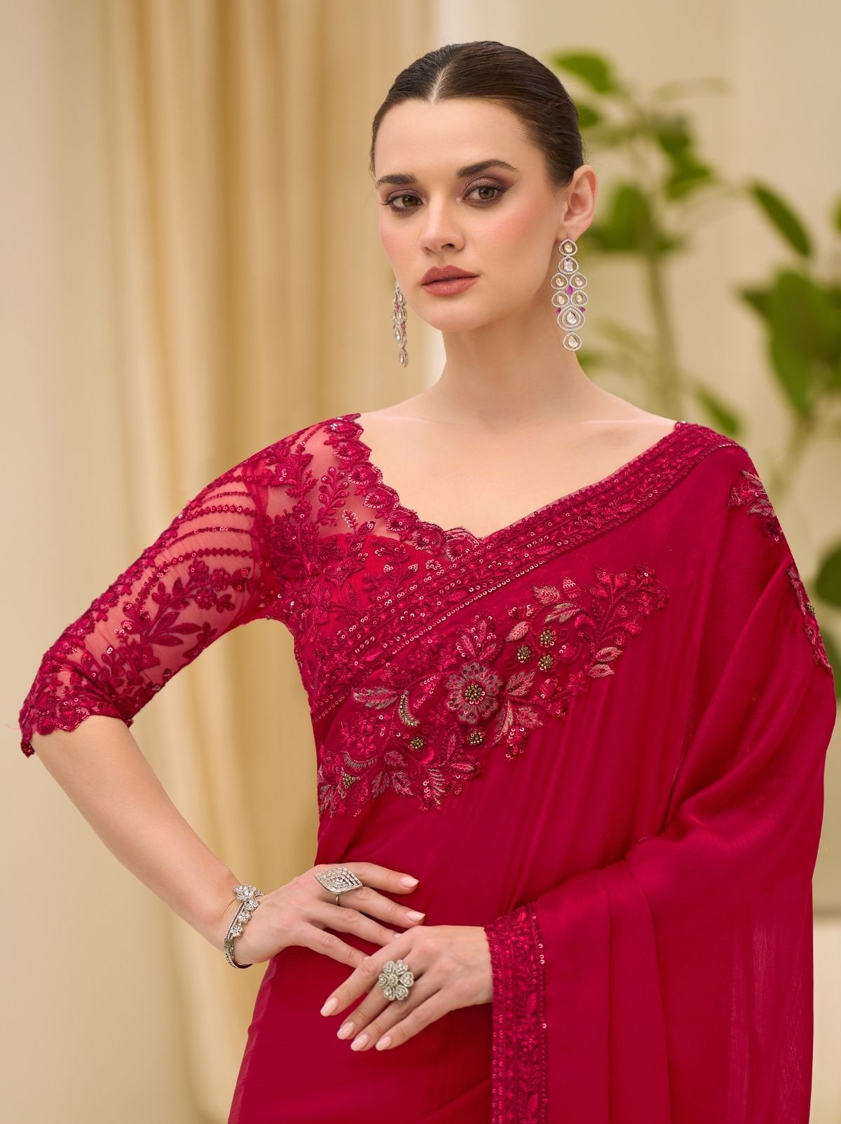 Scarlet Red Designer Wedding saree With Blouse Piece - TrendOye