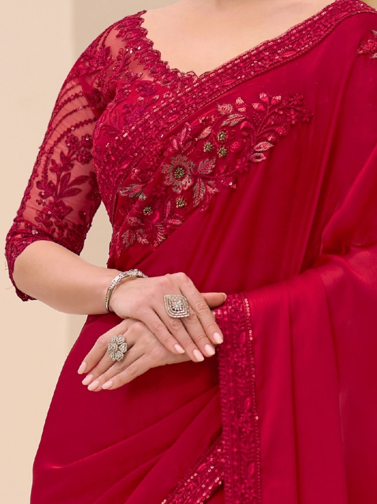 Scarlet Red Designer Wedding saree With Blouse Piece - TrendOye
