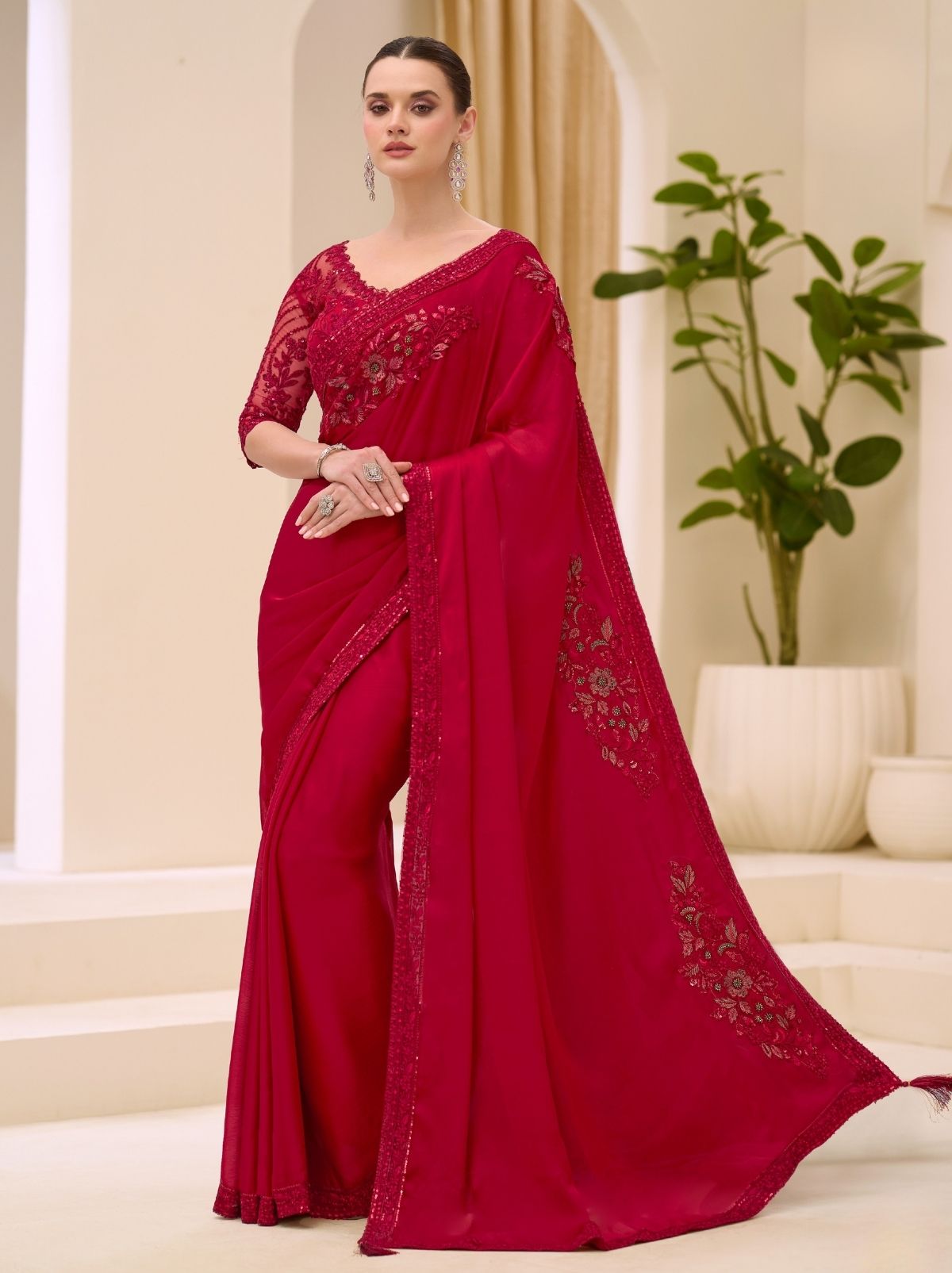 Scarlet Red Designer Wedding saree With Blouse Piece - TrendOye