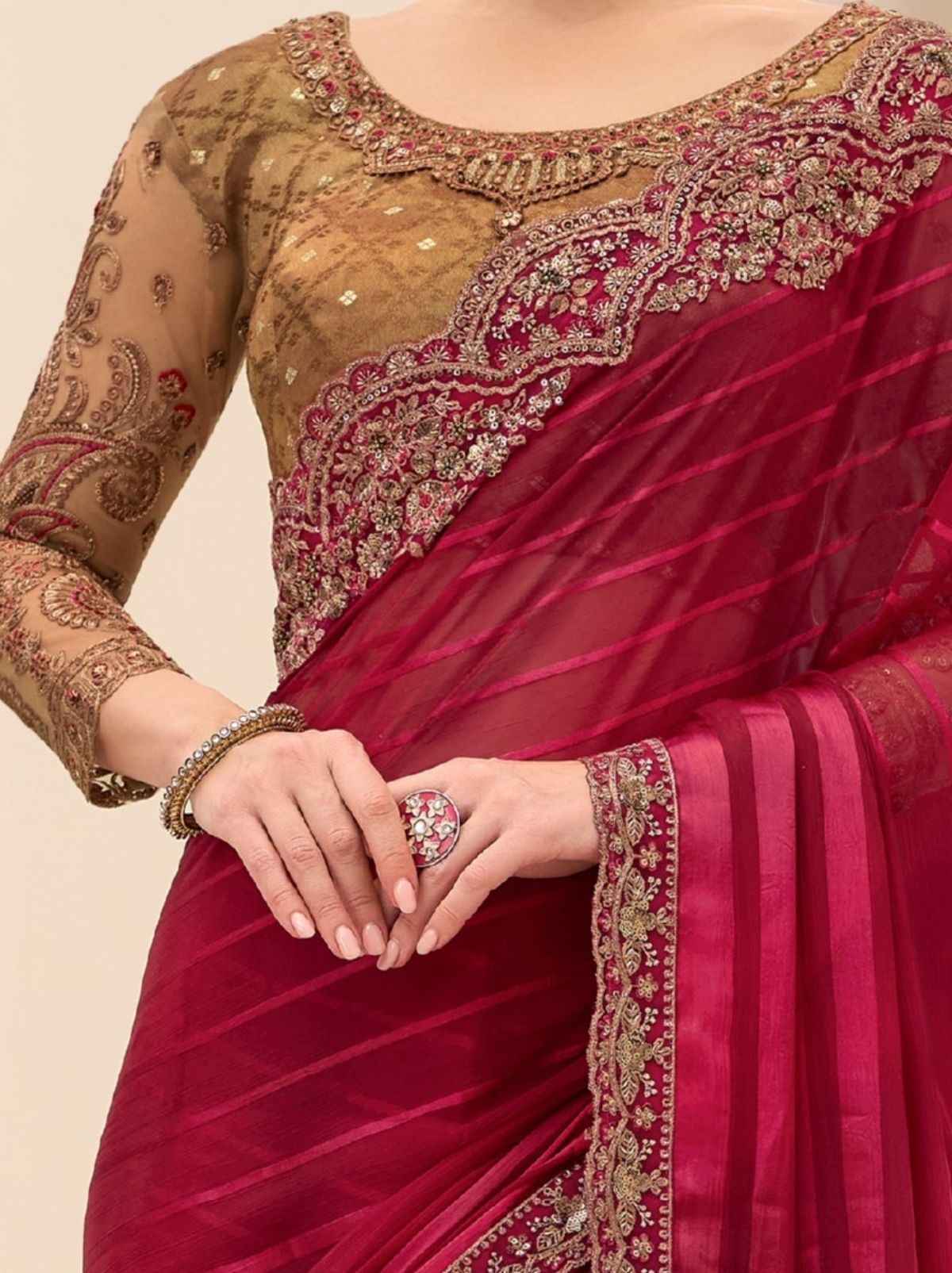 Currant Red Designer Wedding saree With Blouse Piece - TrendOye