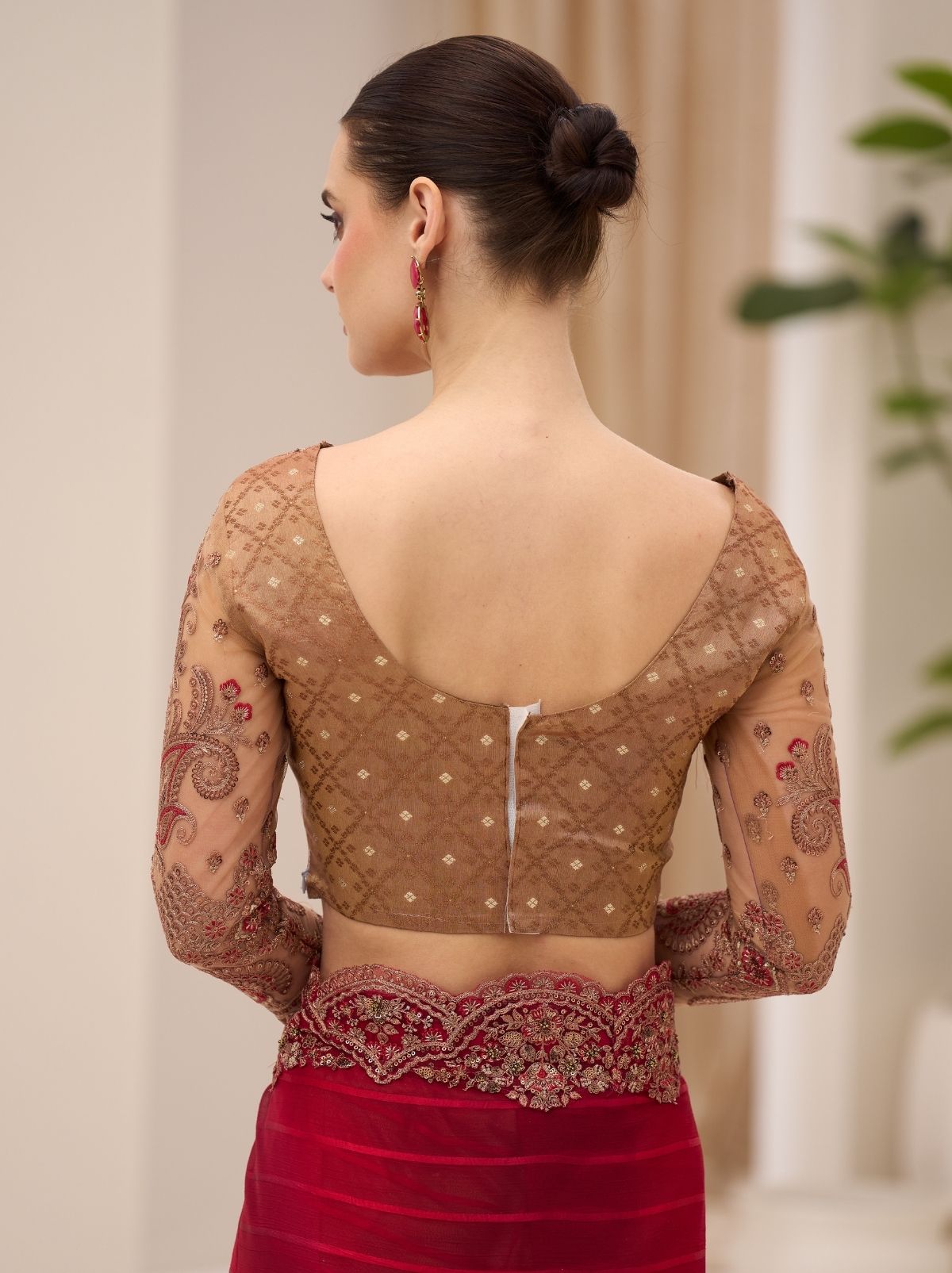 Currant Red Designer Wedding saree With Blouse Piece - TrendOye