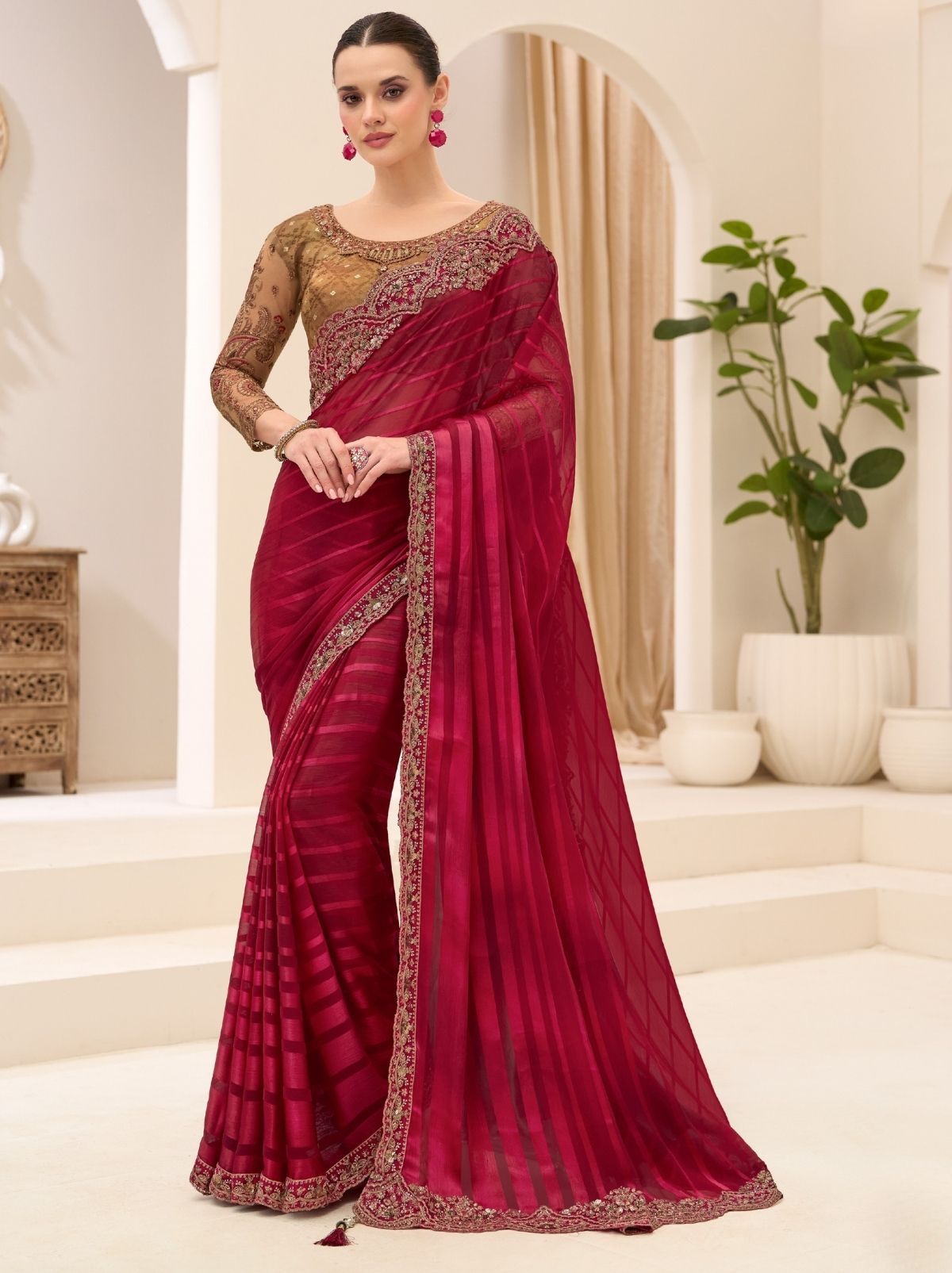 Currant Red Designer Wedding saree With Blouse Piece - TrendOye
