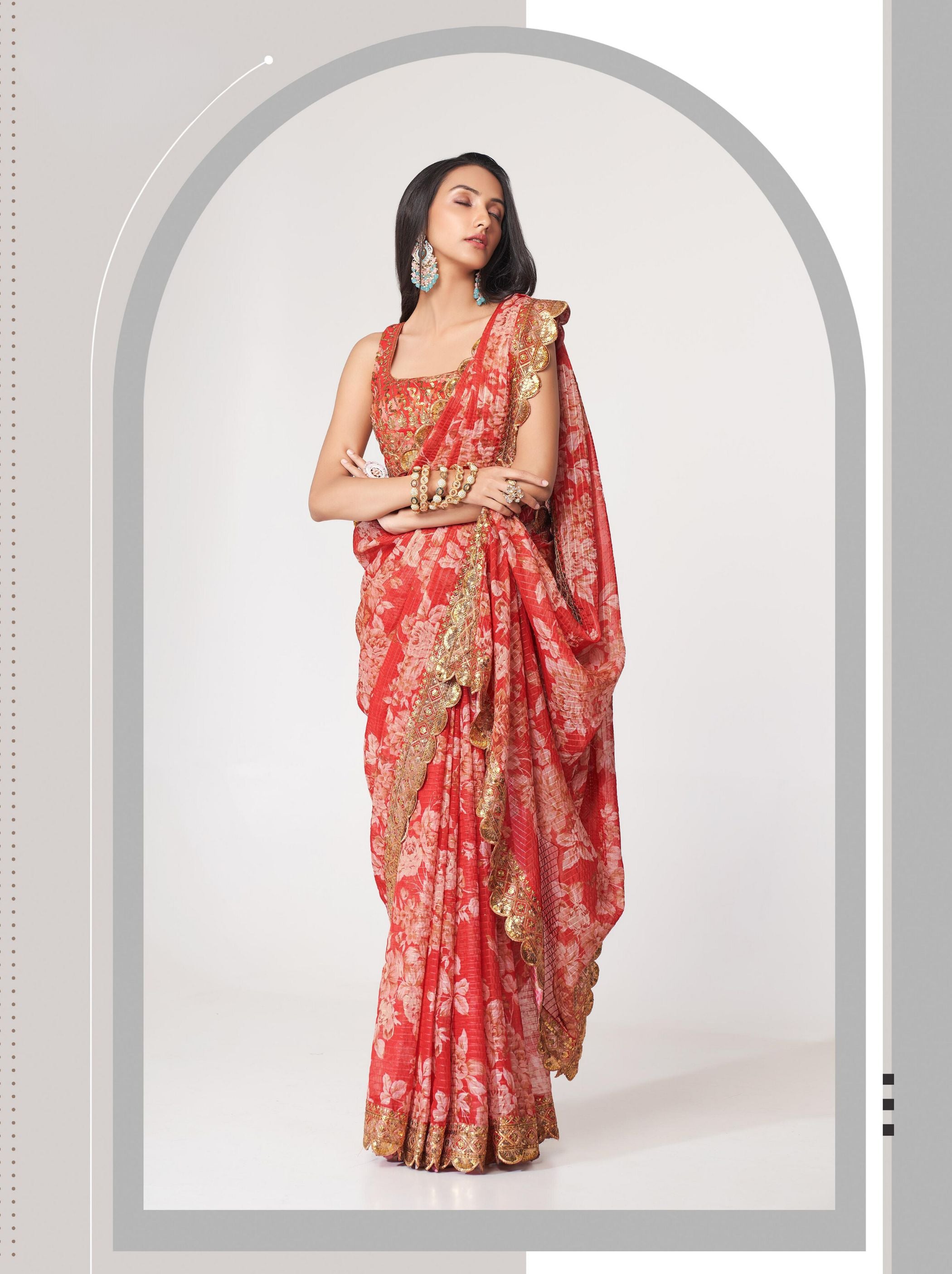 Red Organza Digital Silk Sequin Saree - TrendOye
