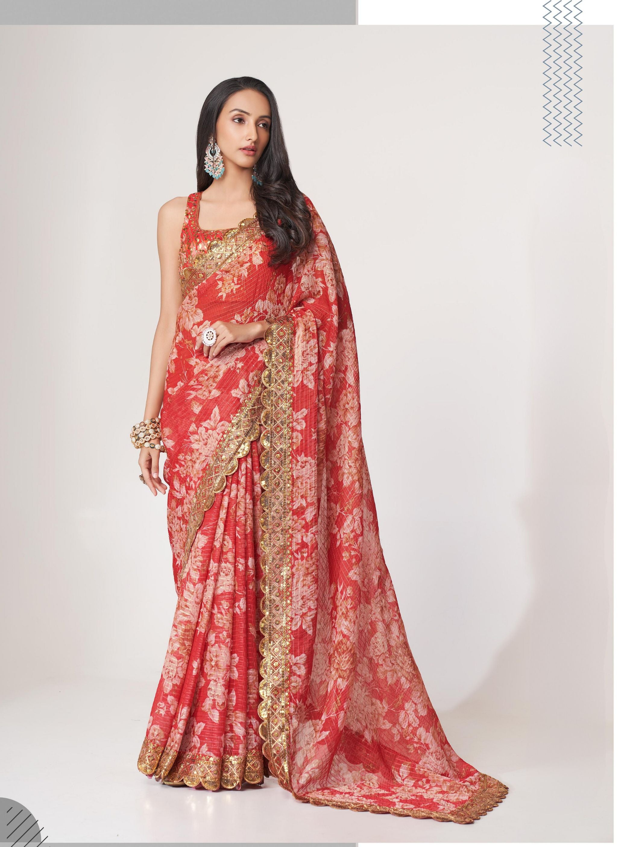 Red Organza Digital Silk Sequin Saree - TrendOye