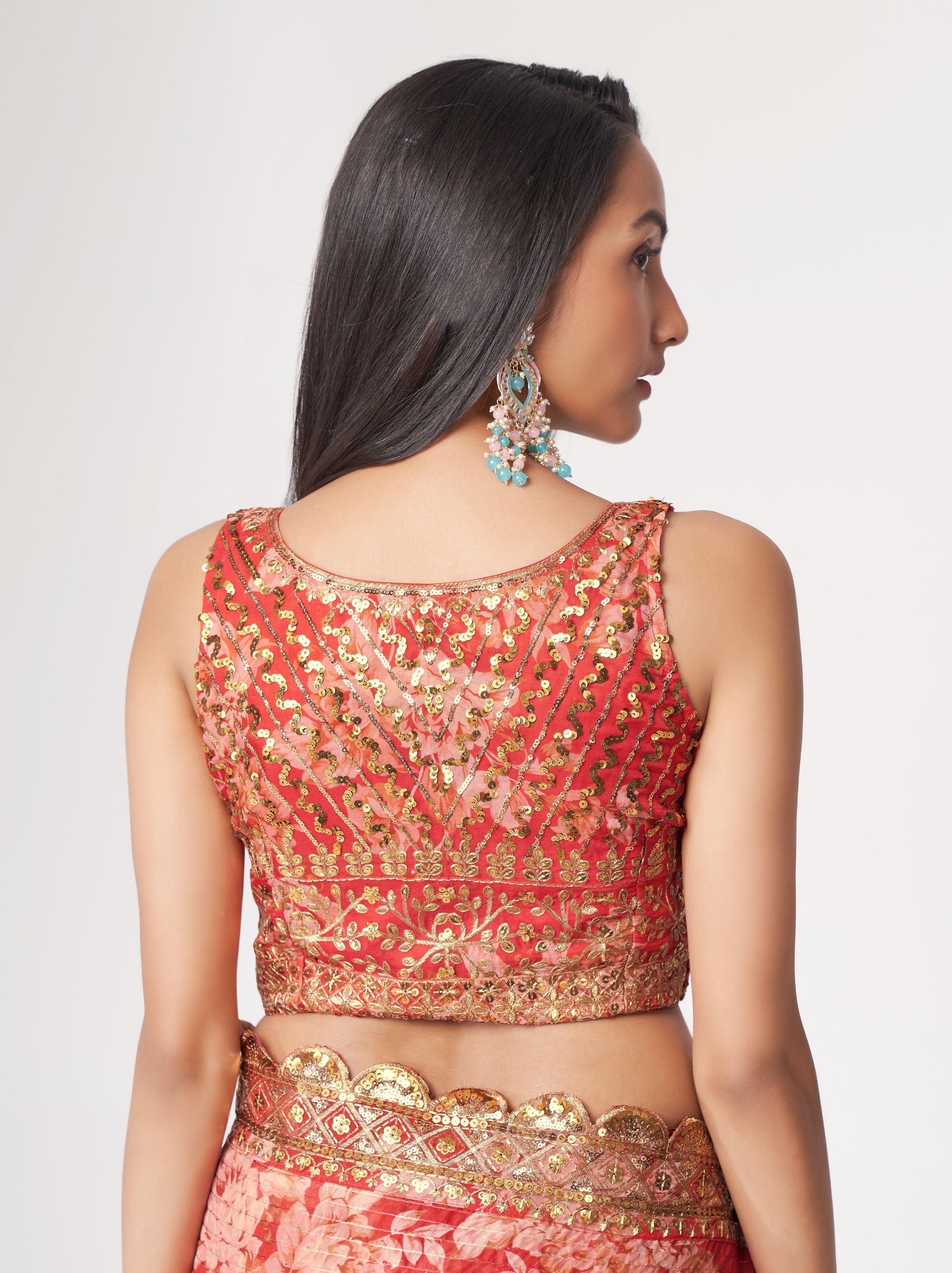 Red Organza Digital Silk Sequin Saree - TrendOye