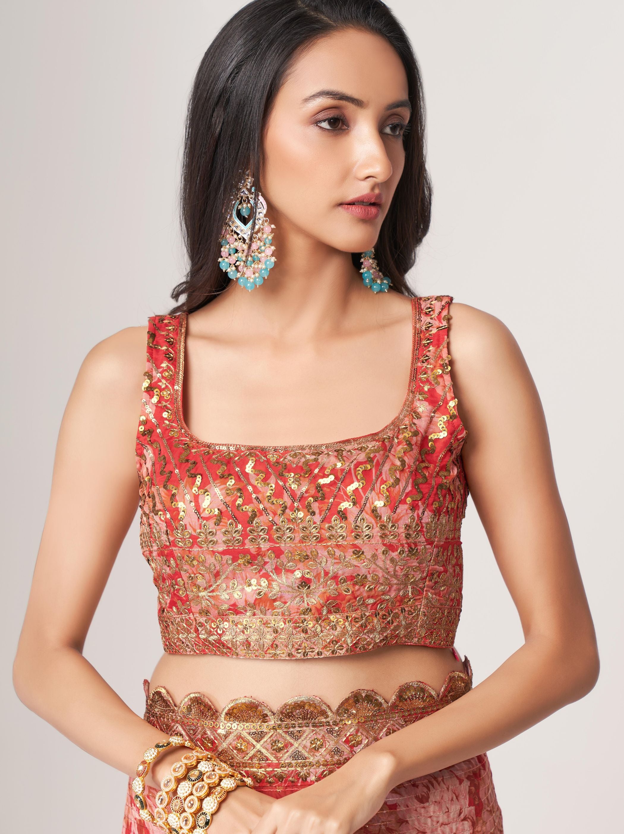 Red Organza Digital Silk Sequin Saree - TrendOye