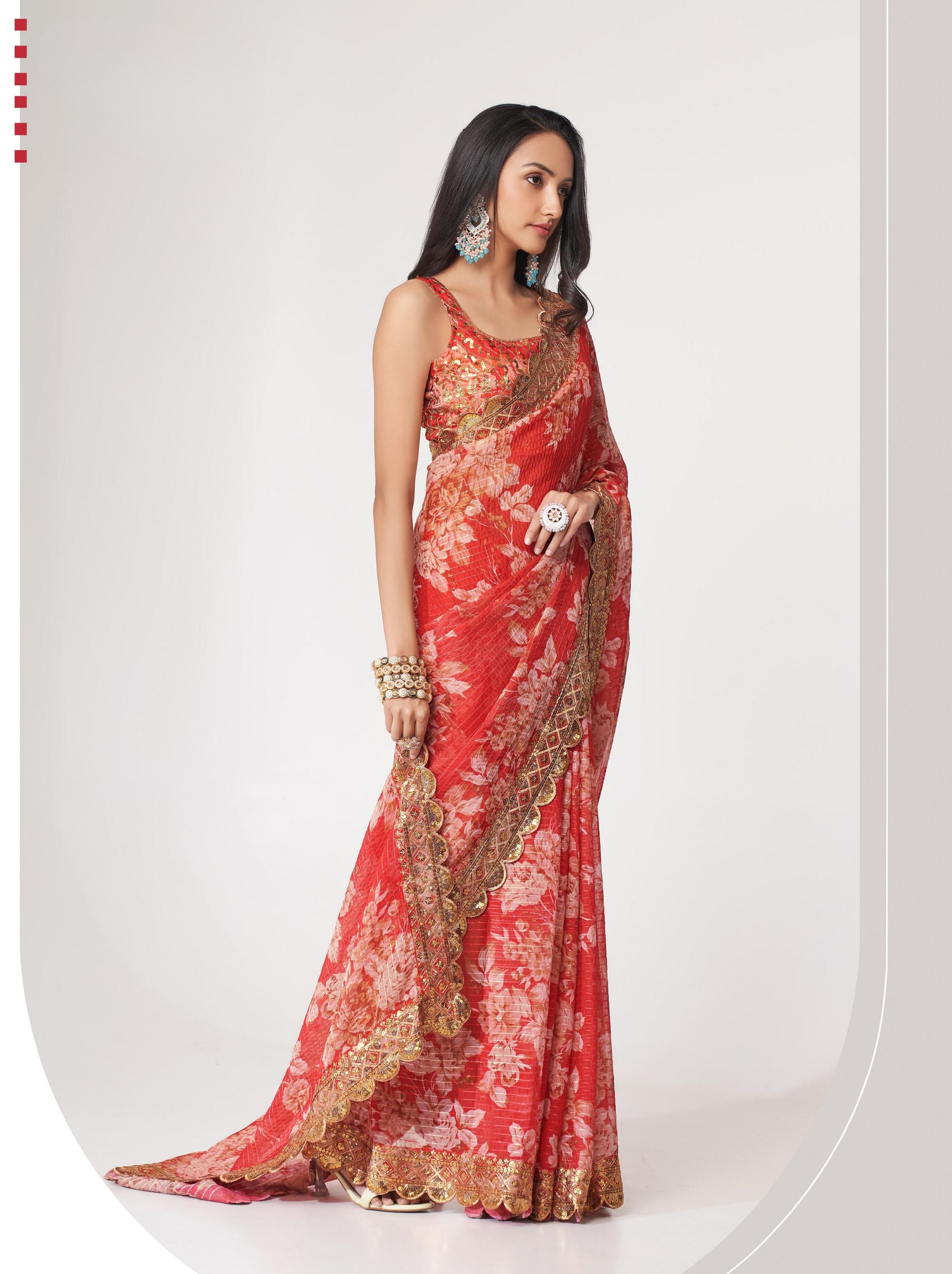 Red Organza Digital Silk Sequin Saree - TrendOye