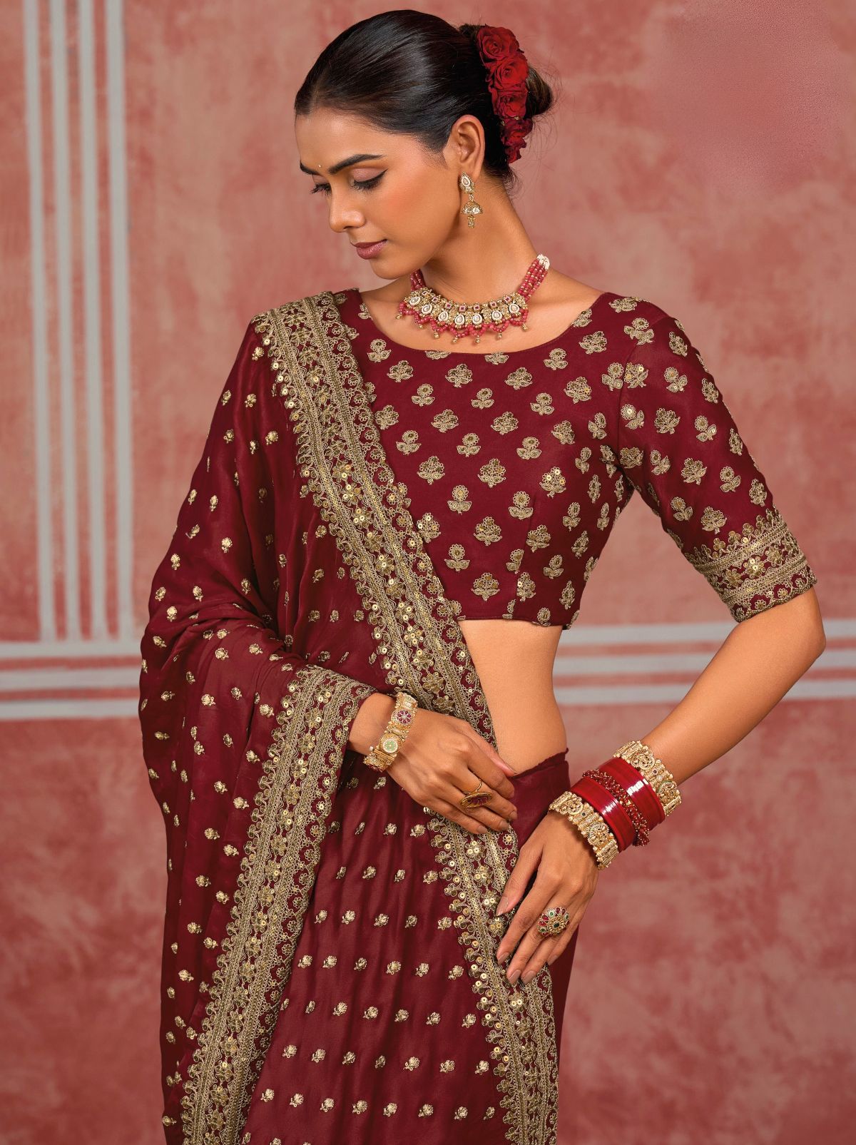 Maroon Red Luxurious Premium Silk Saree With Intricate Embroidery