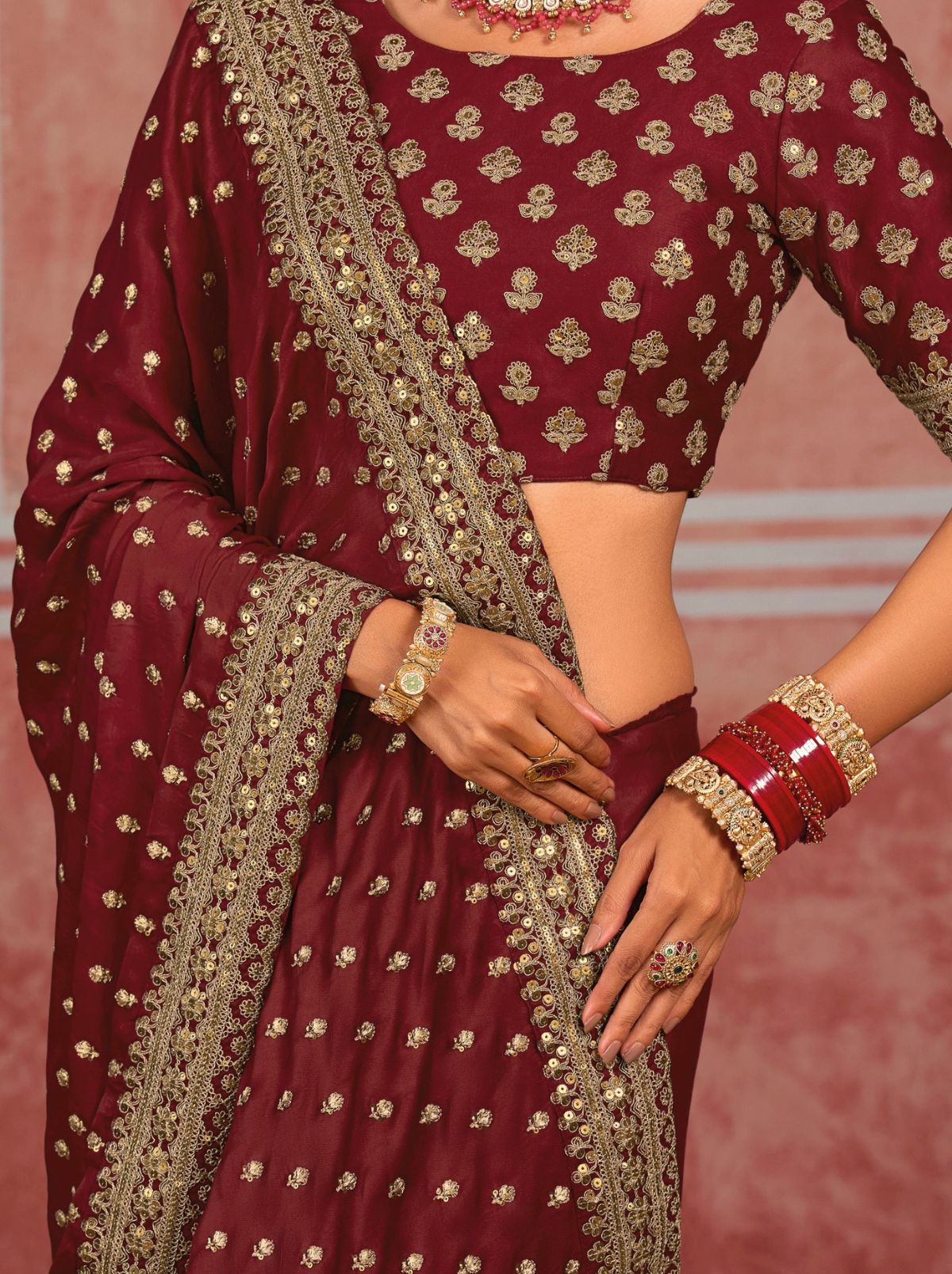 Maroon Red Luxurious Premium Silk Saree With Intricate Embroidery