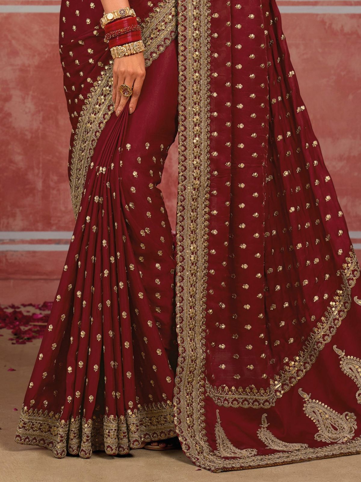 Maroon Red Luxurious Premium Silk Saree With Intricate Embroidery
