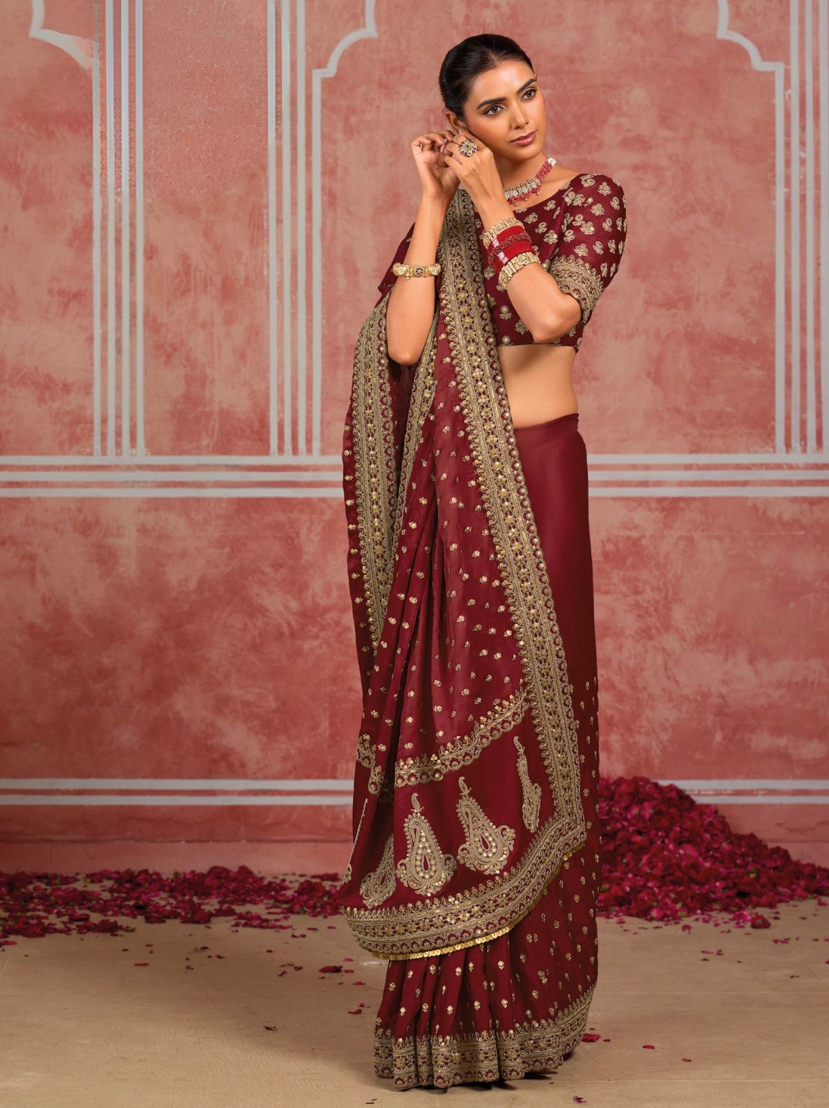 Maroon Red Luxurious Premium Silk Saree With Intricate Embroidery