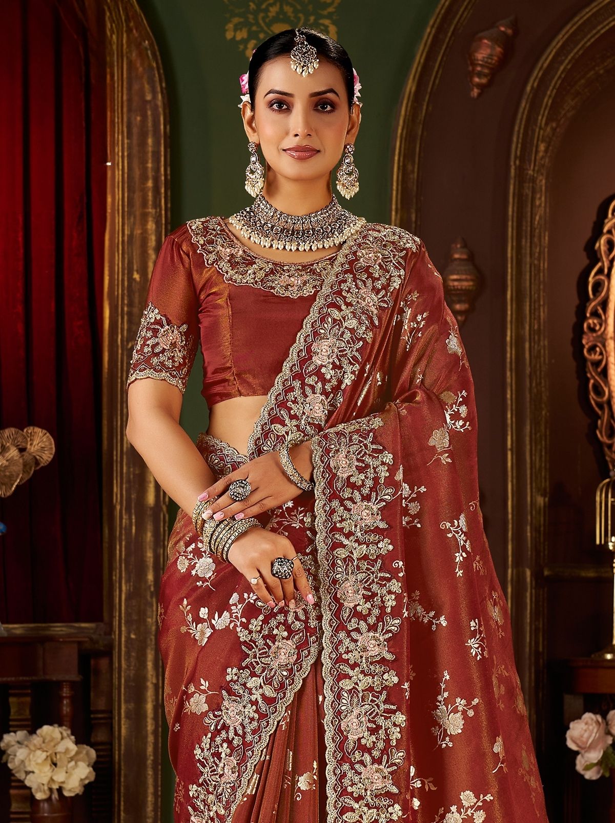 Maroon Red Elegant Wedding Saree With Heavy Border Embroidery