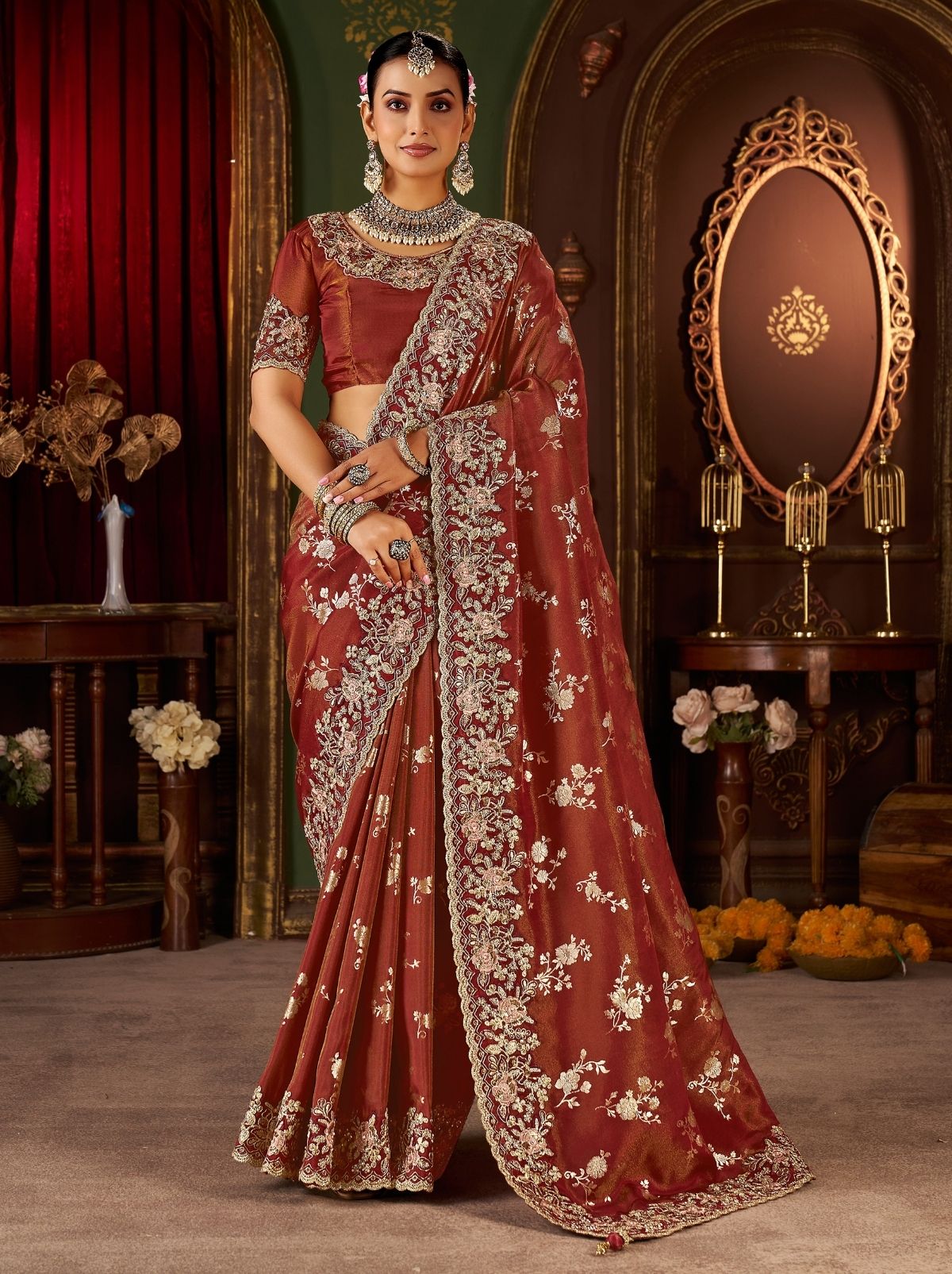 Maroon Red Elegant Wedding Saree With Heavy Border Embroidery