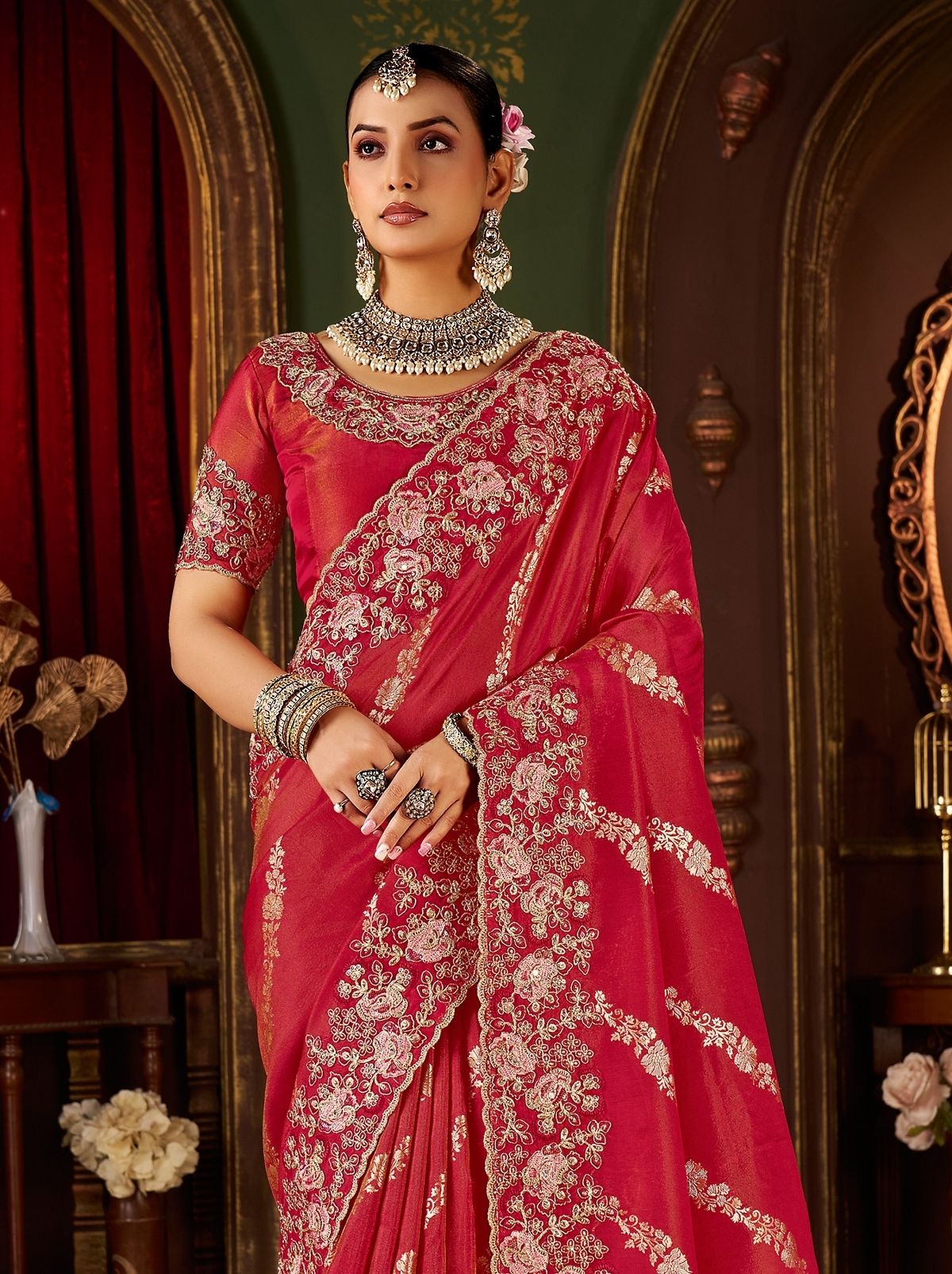 Rose Red Elegant Wedding Saree With Heavy Border Embroidery