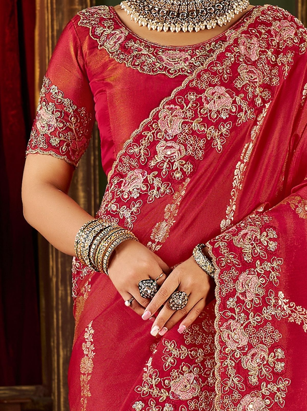 Rose Red Elegant Wedding Saree With Heavy Border Embroidery