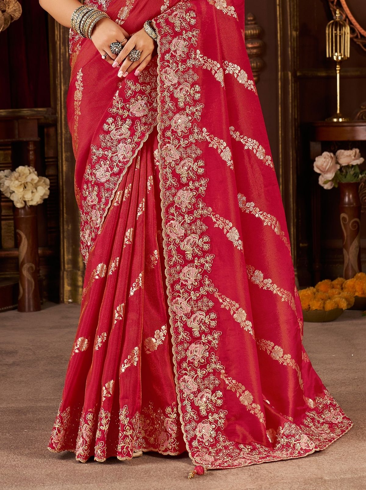 Rose Red Elegant Wedding Saree With Heavy Border Embroidery