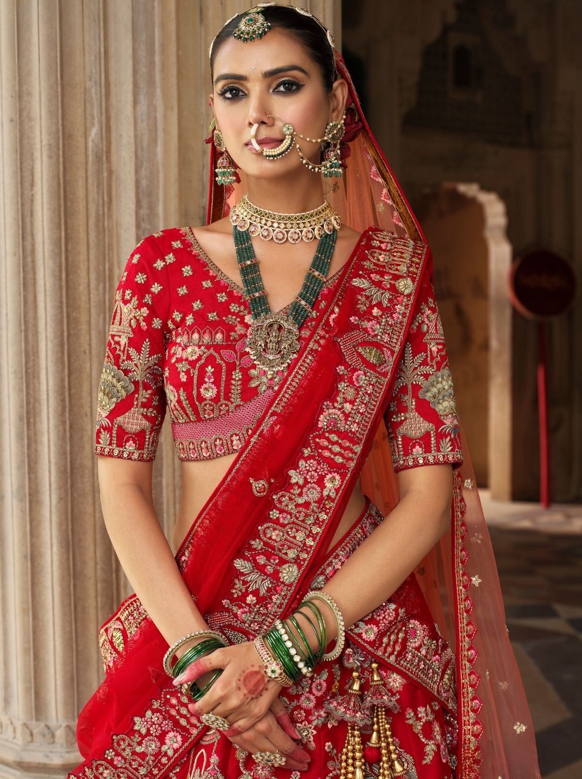 Carmine Red Exclusive Bridal Lehenga Set With Khatli Embroidery