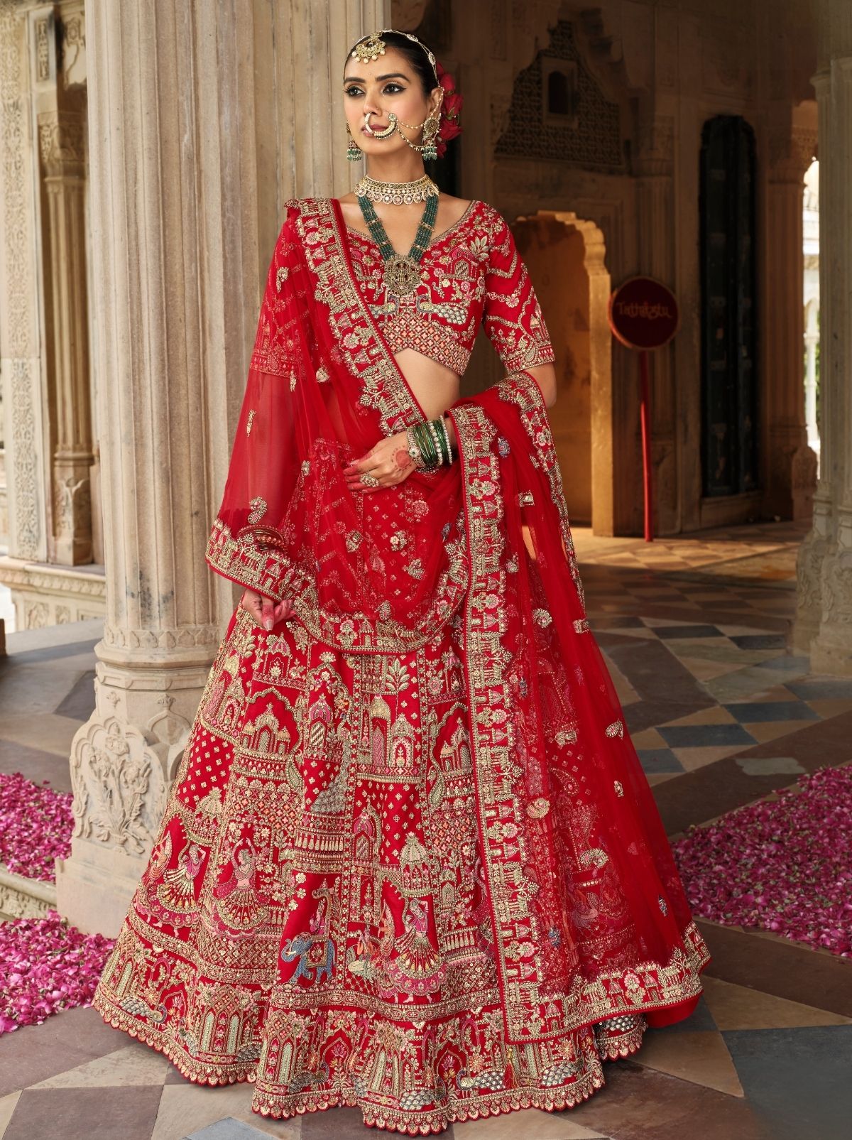Chili Red Exclusive Bridal Lehenga Set With Khatli Embroidery