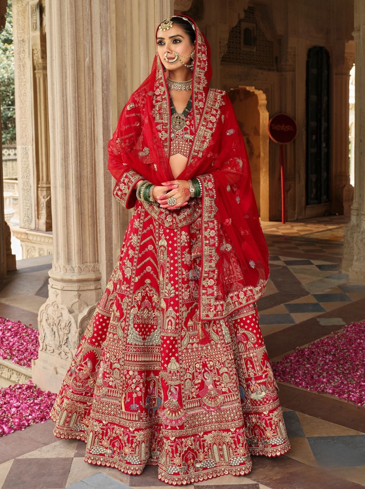Chili Red Exclusive Bridal Lehenga Set With Khatli Embroidery