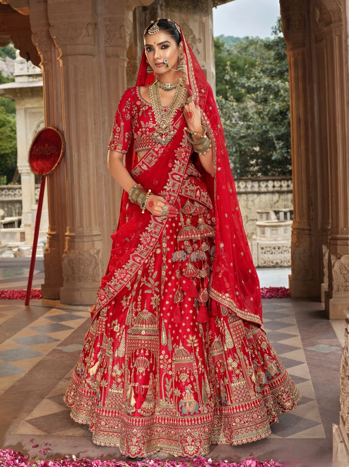 Apple Red Exclusive Bridal Lehenga Set With Khatli Embroidery
