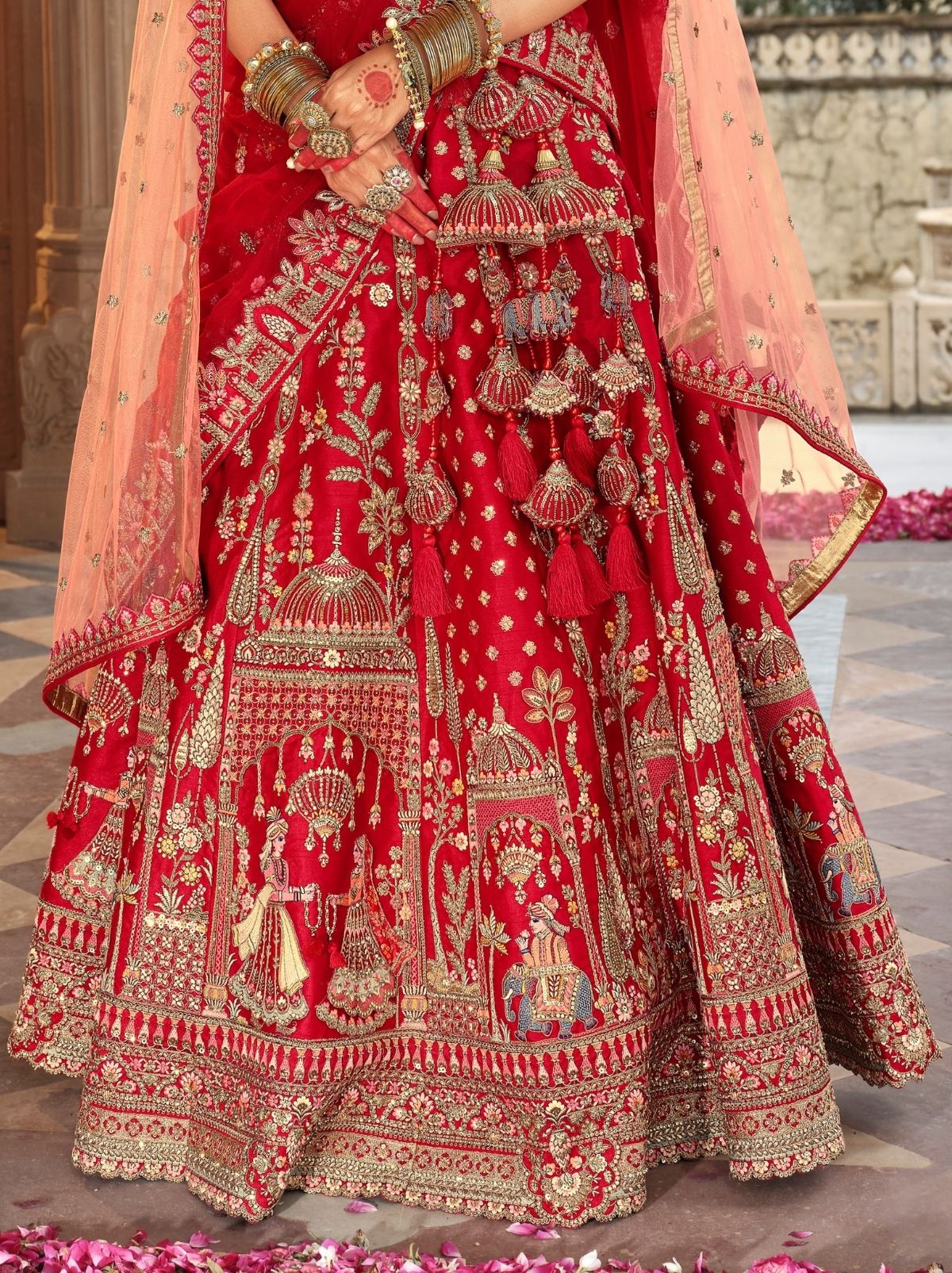 Apple Red Exclusive Bridal Lehenga Set With Khatli Embroidery