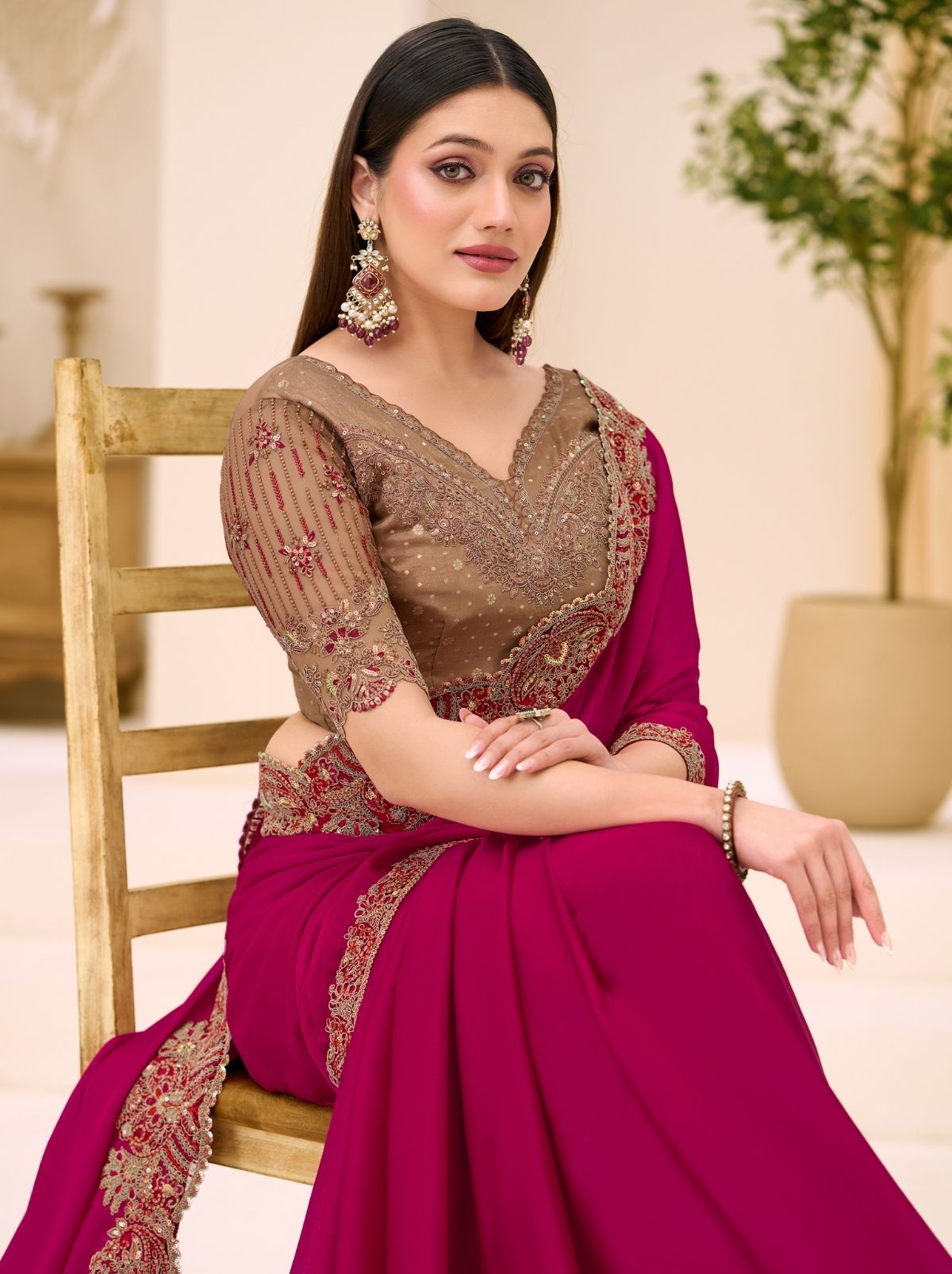 Raspberry Red Exclusive Party Wear Saree with Sequin Work - TrendOye