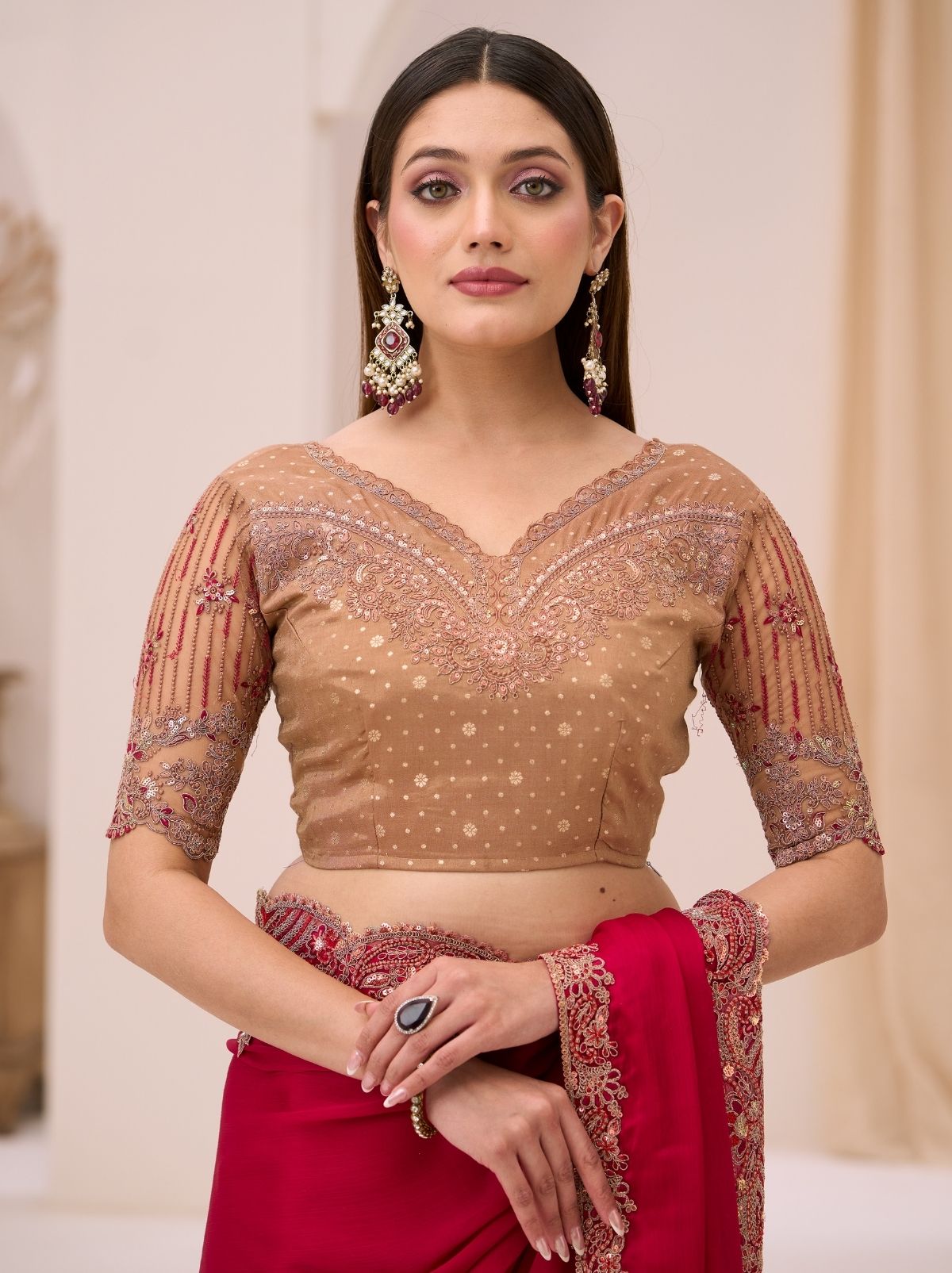 Raspberry Red Exclusive Party Wear Saree with Sequin Work - TrendOye