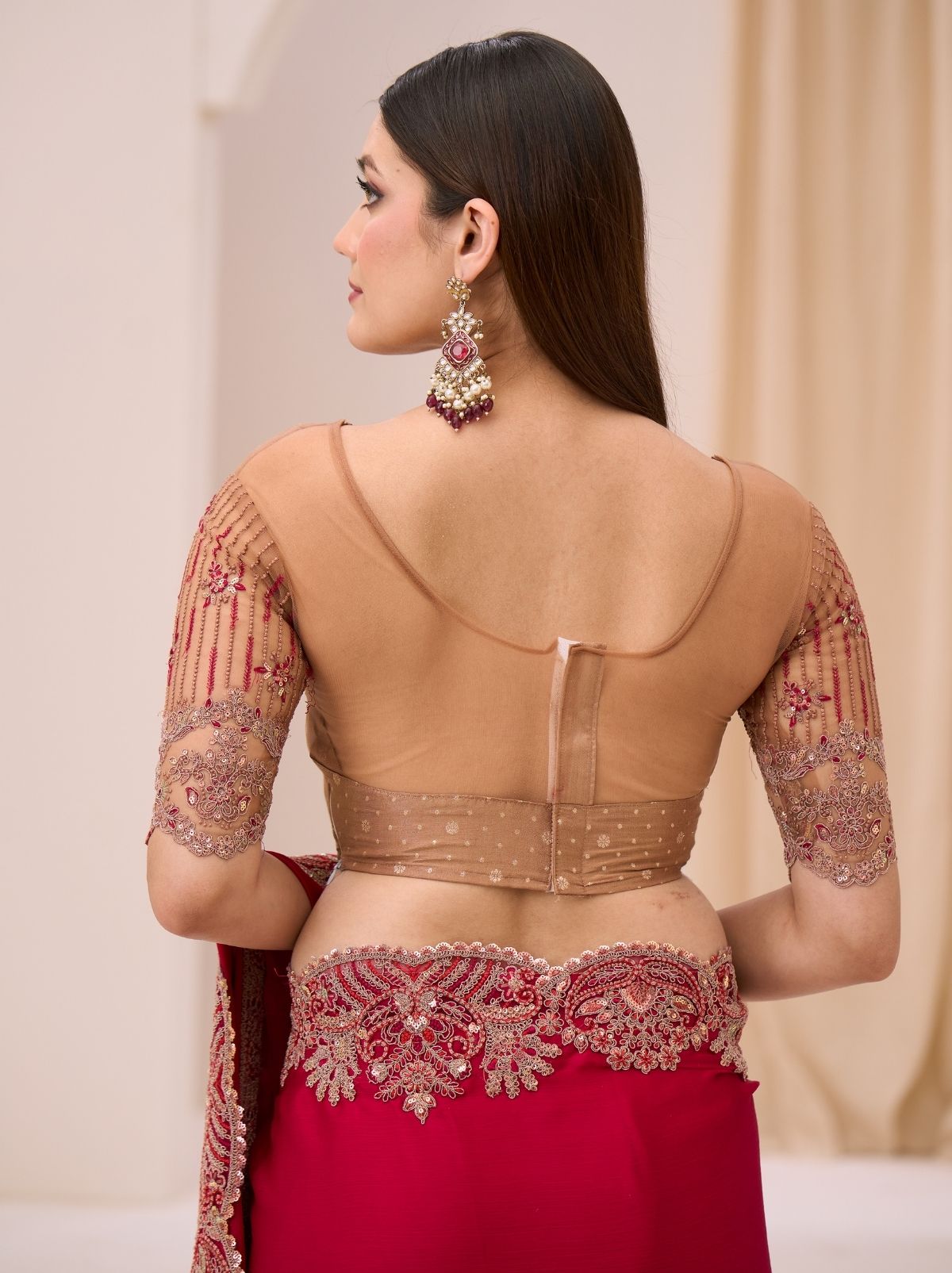 Raspberry Red Exclusive Party Wear Saree with Sequin Work - TrendOye