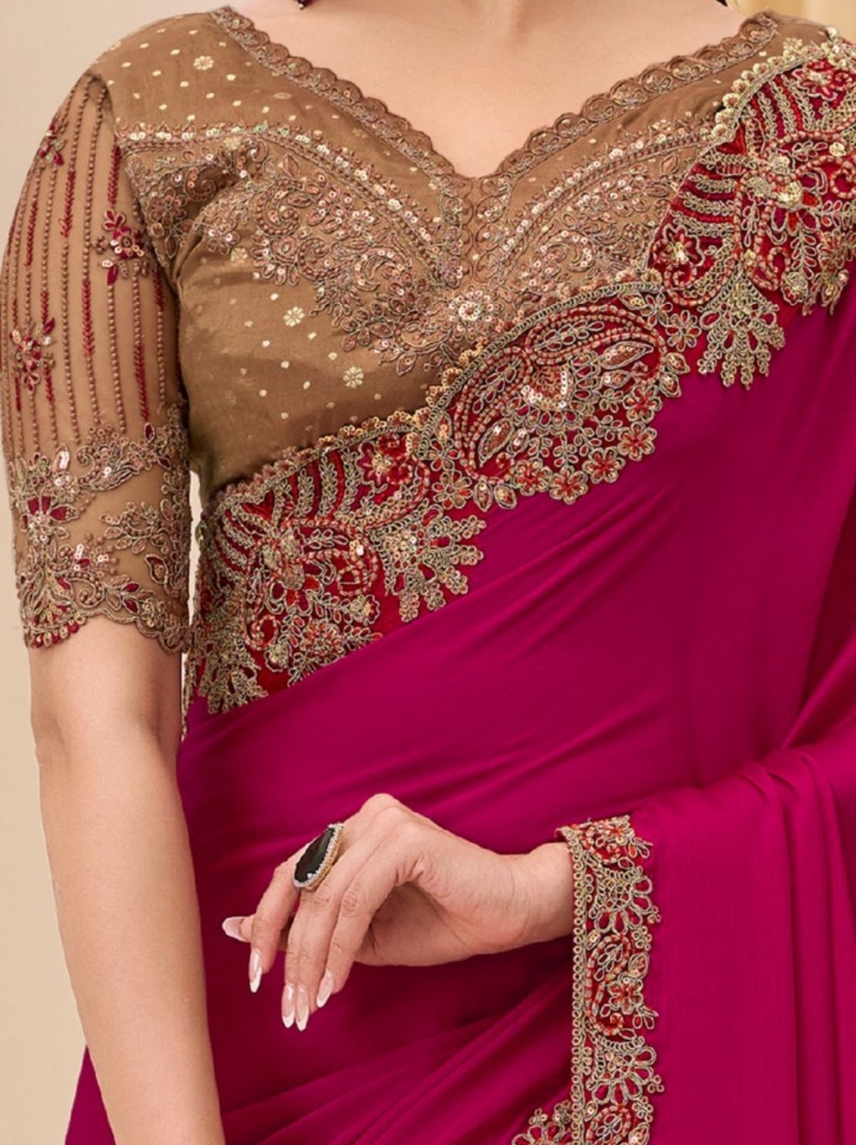 Raspberry Red Exclusive Party Wear Saree with Sequin Work - TrendOye