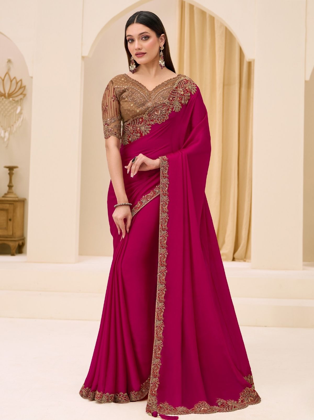 Raspberry Red Exclusive Party Wear Saree with Sequin Work - TrendOye