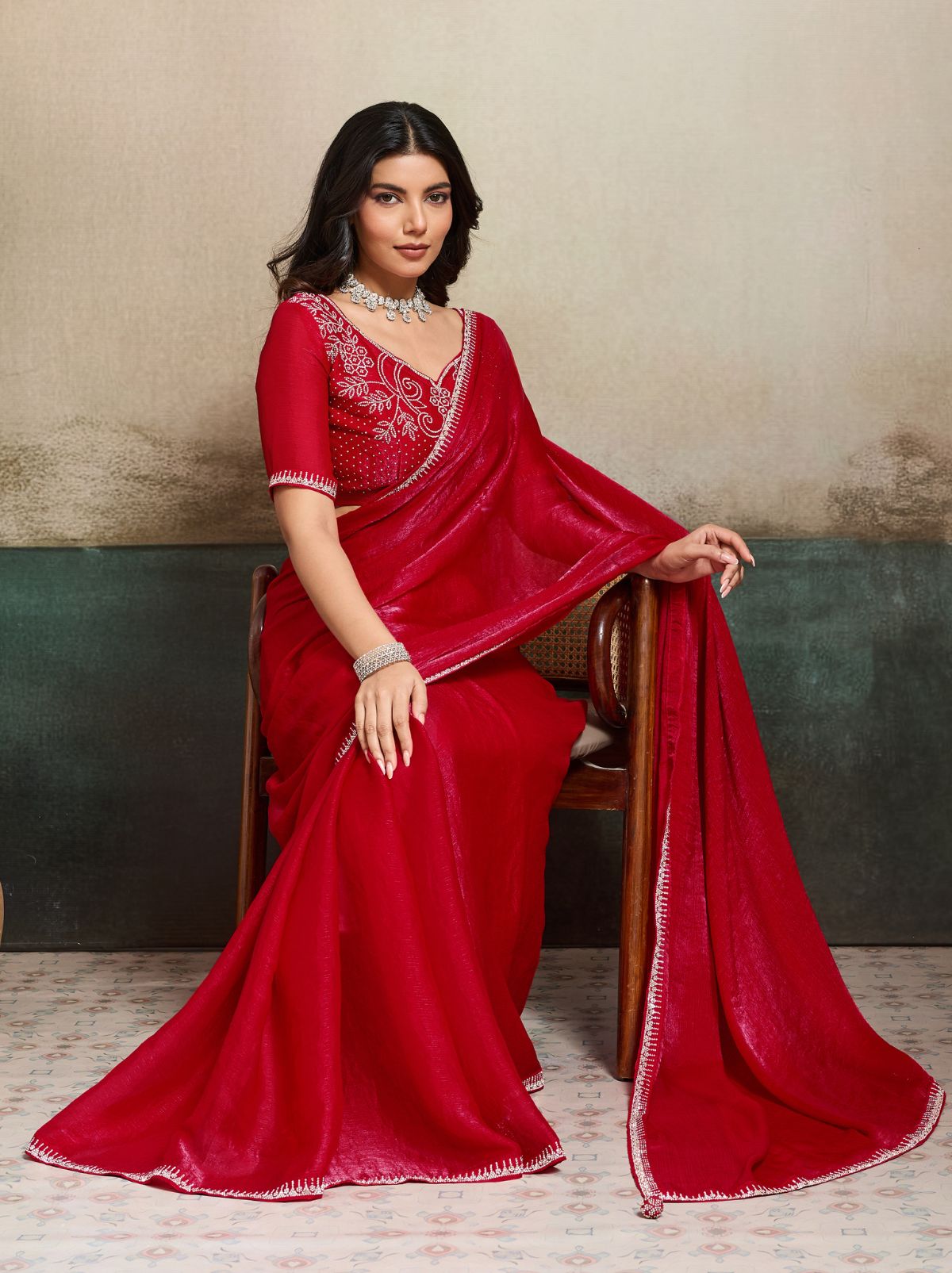 Candy Red Fancy Chiffon Silk Saree with Zircon Work