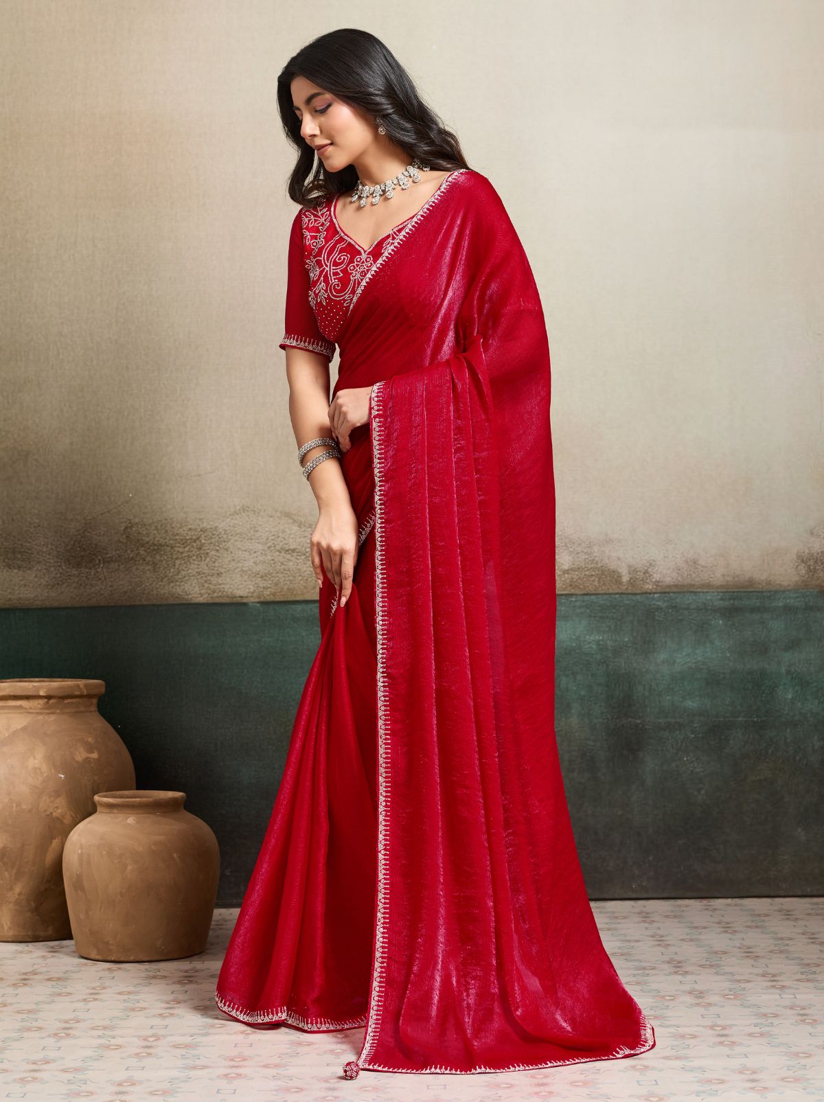 Candy Red Fancy Chiffon Silk Saree with Zircon Work