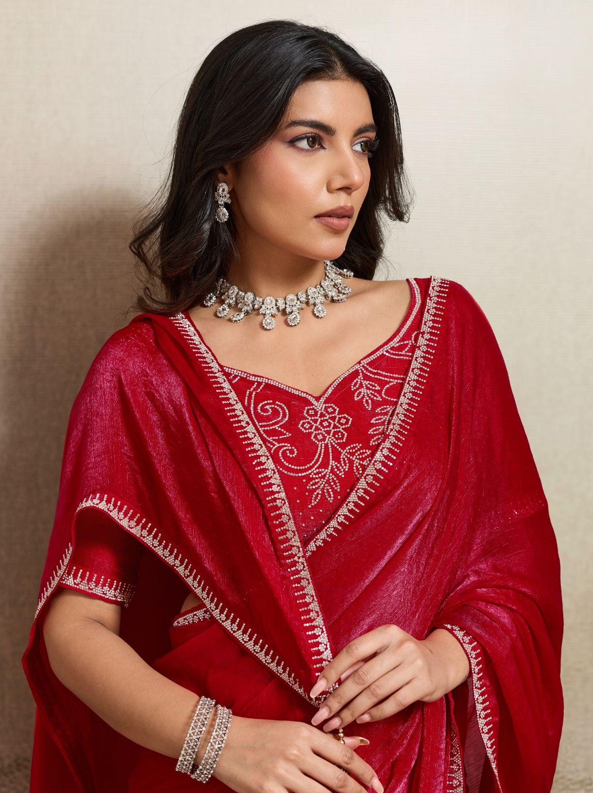 Candy Red Fancy Chiffon Silk Saree with Zircon Work