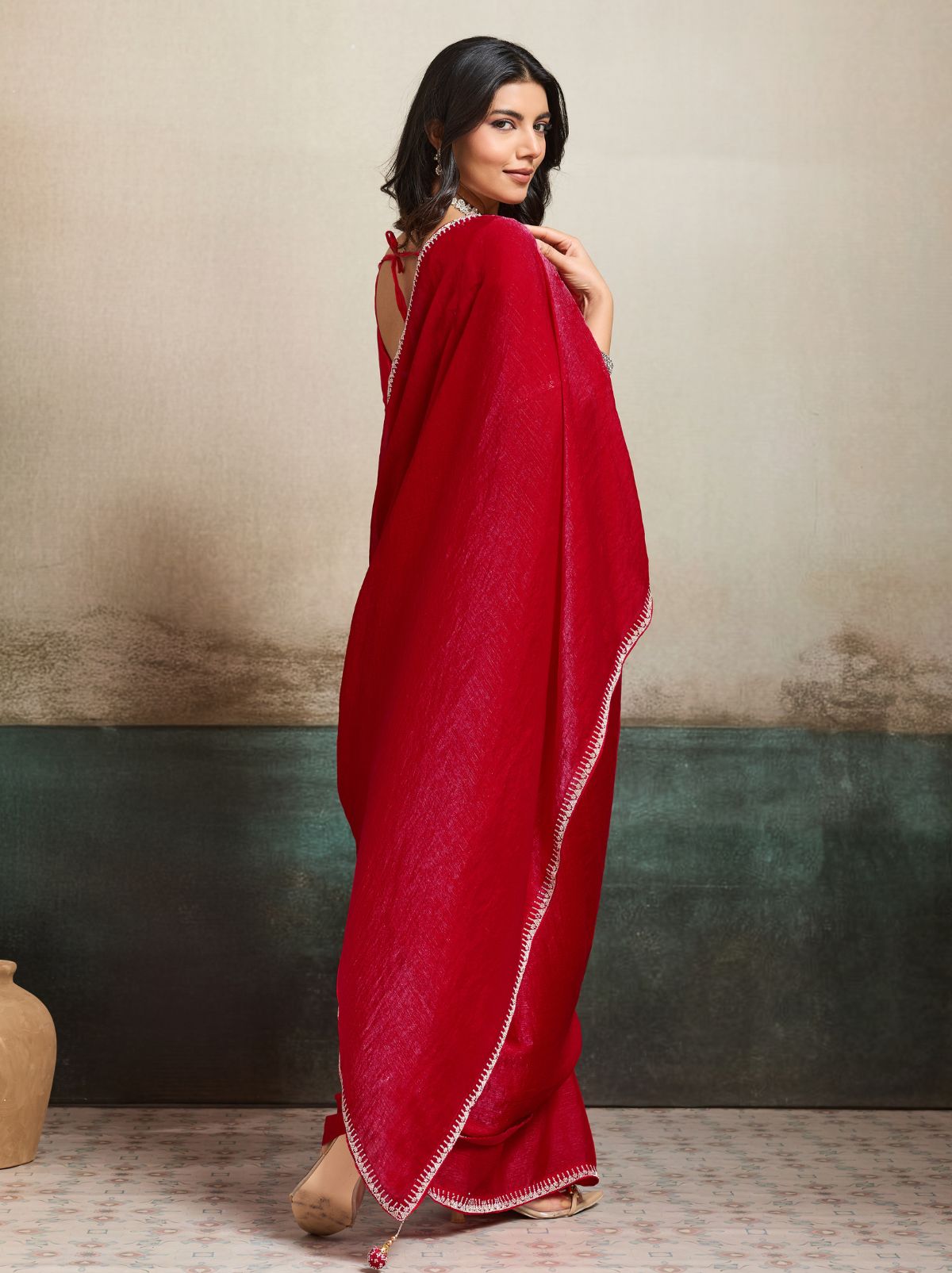 Candy Red Fancy Chiffon Silk Saree with Zircon Work