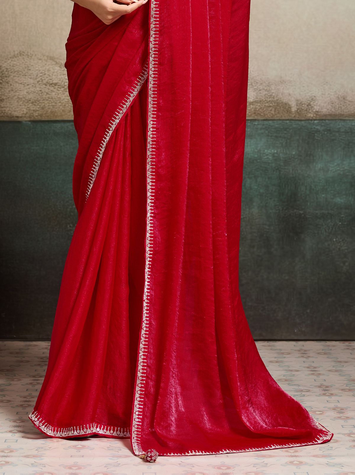Candy Red Fancy Chiffon Silk Saree with Zircon Work