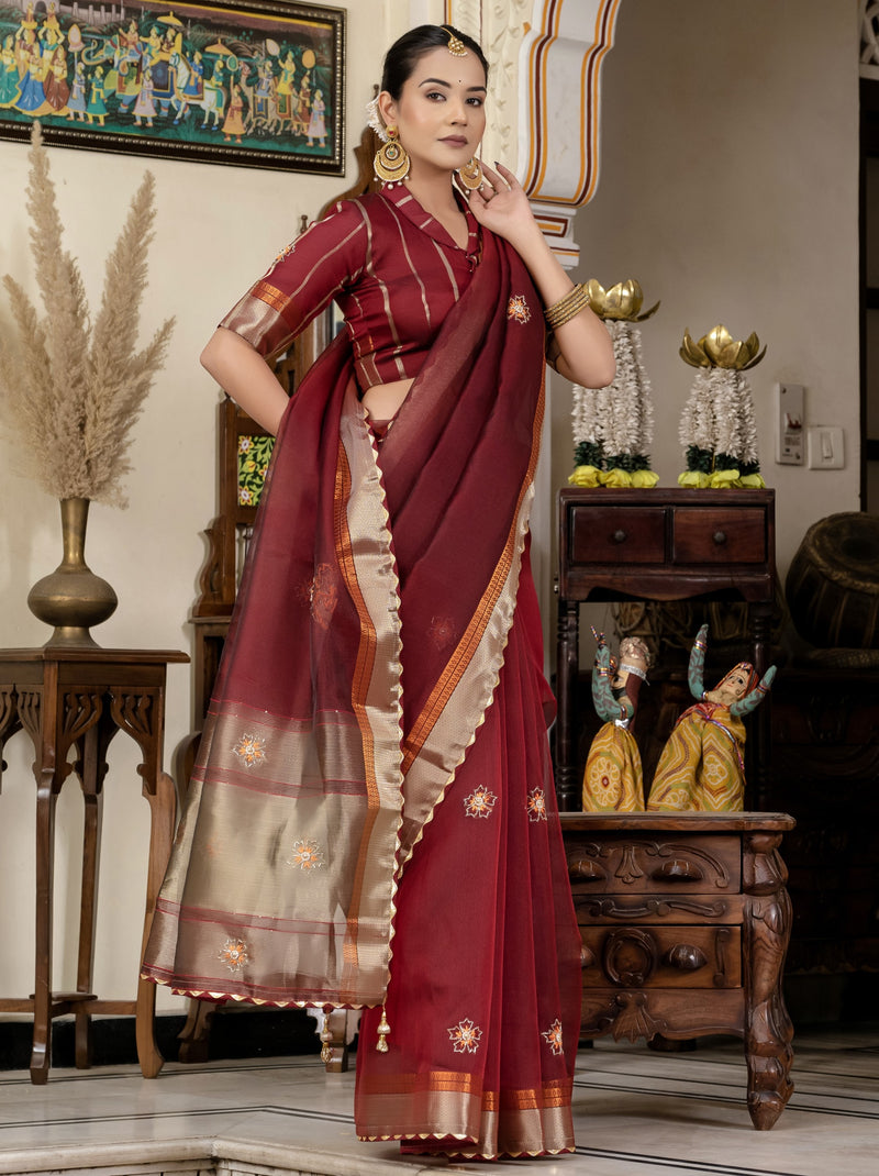 Mahogany Red Fancy Linen Saree With Blouse Piece