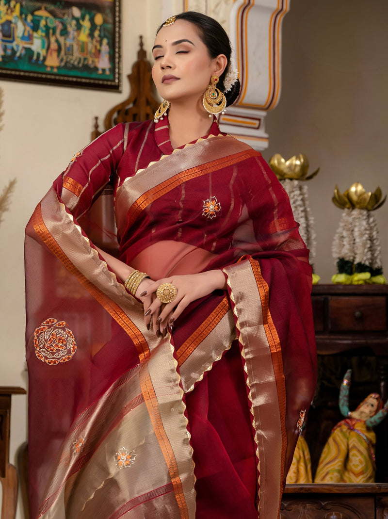 Mahogany Red Fancy Linen Saree With Blouse Piece