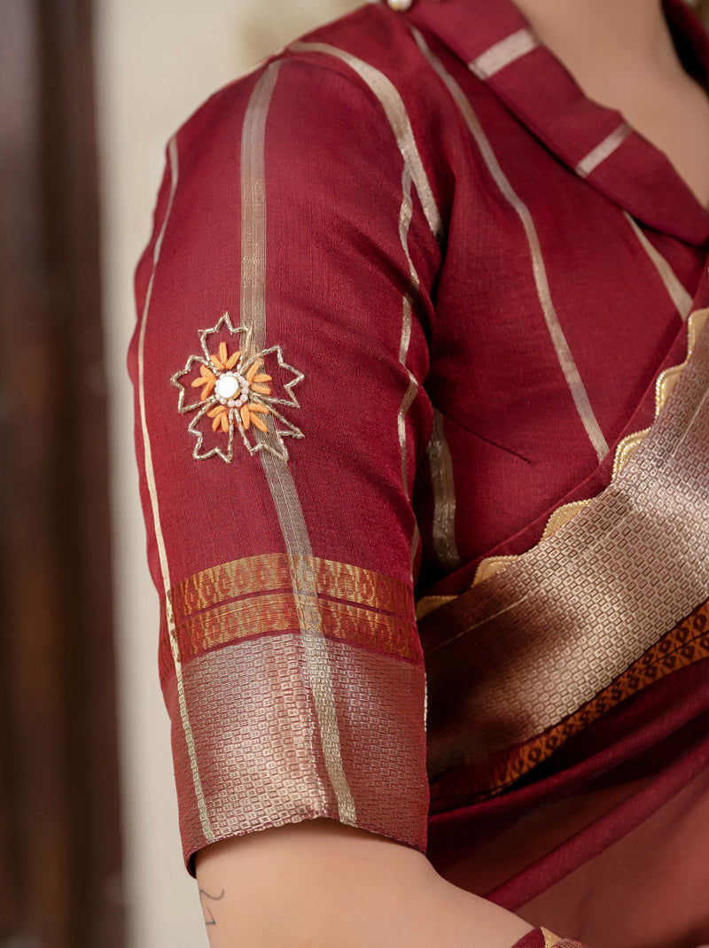 Mahogany Red Fancy Linen Saree With Blouse Piece