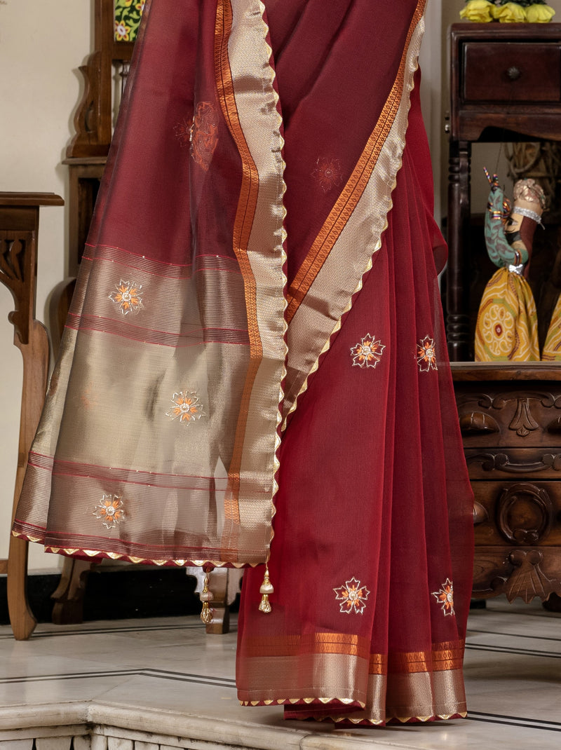 Mahogany Red Fancy Linen Saree With Blouse Piece