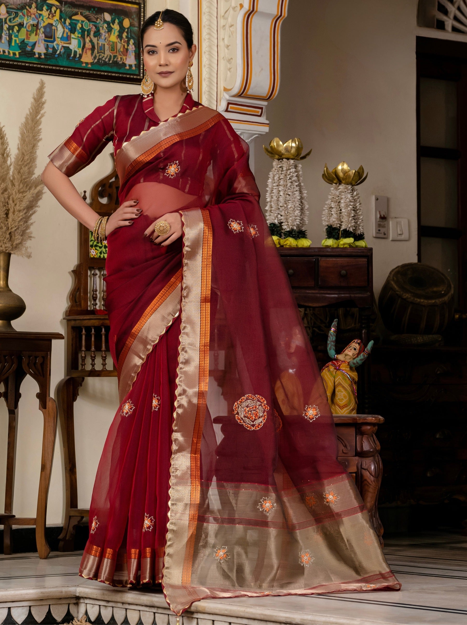 Mahogany Red Fancy Linen Saree With Blouse Piece