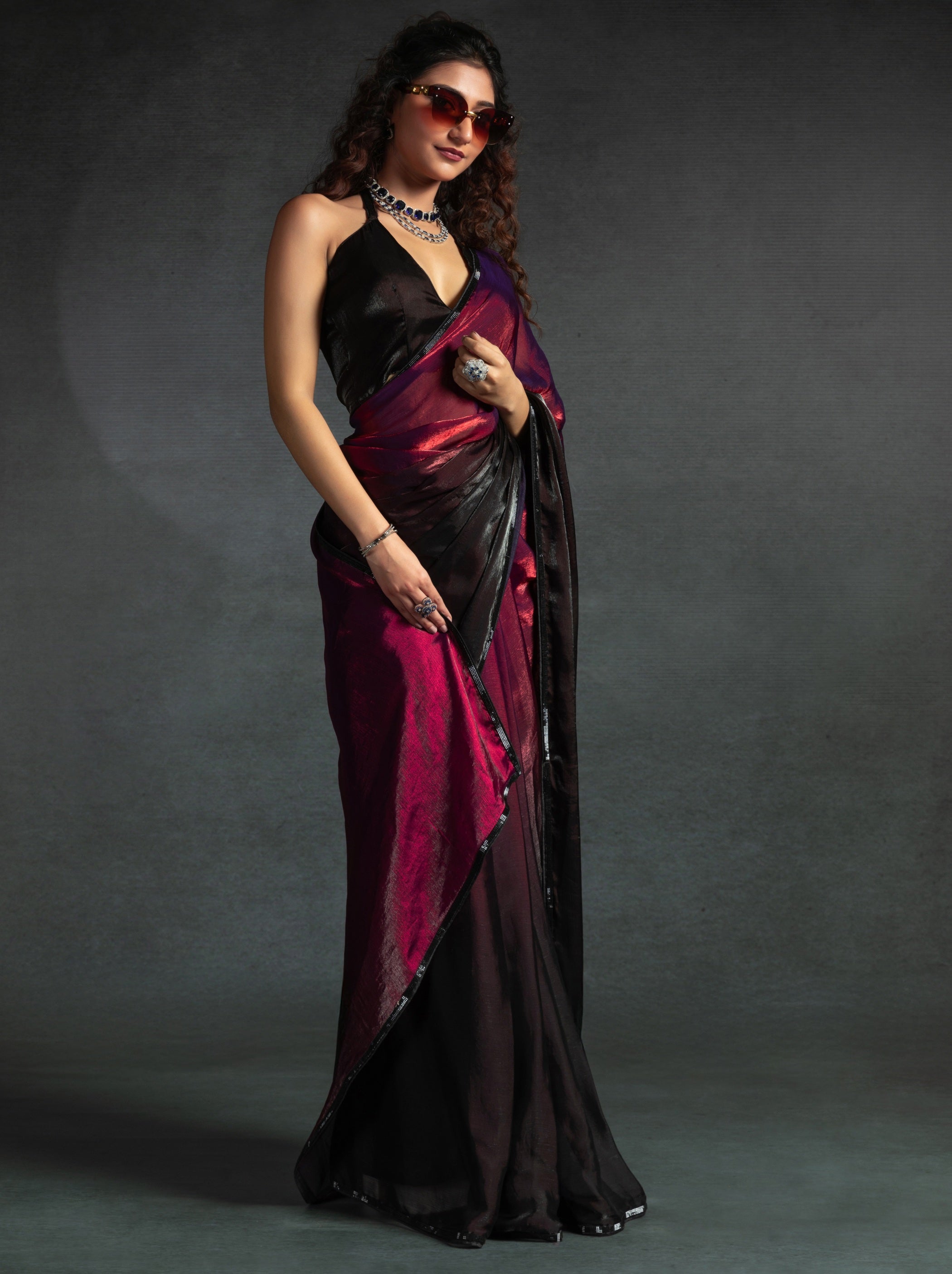 Mahogany Red Fancy Ready to Wear Saree With Stone Work Border