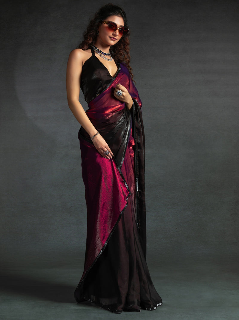 Mahogany Red Fancy Ready to Wear Saree With Stone Work Border