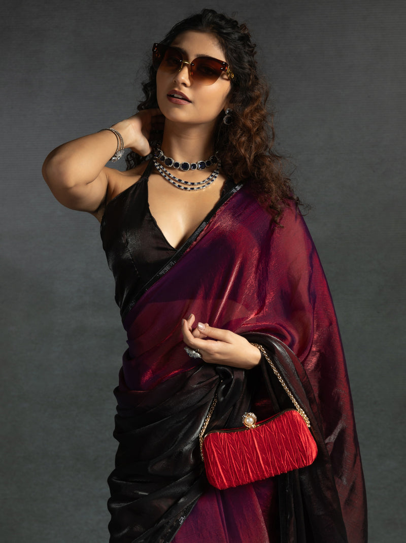 Mahogany Red Fancy Ready to Wear Saree With Stone Work Border