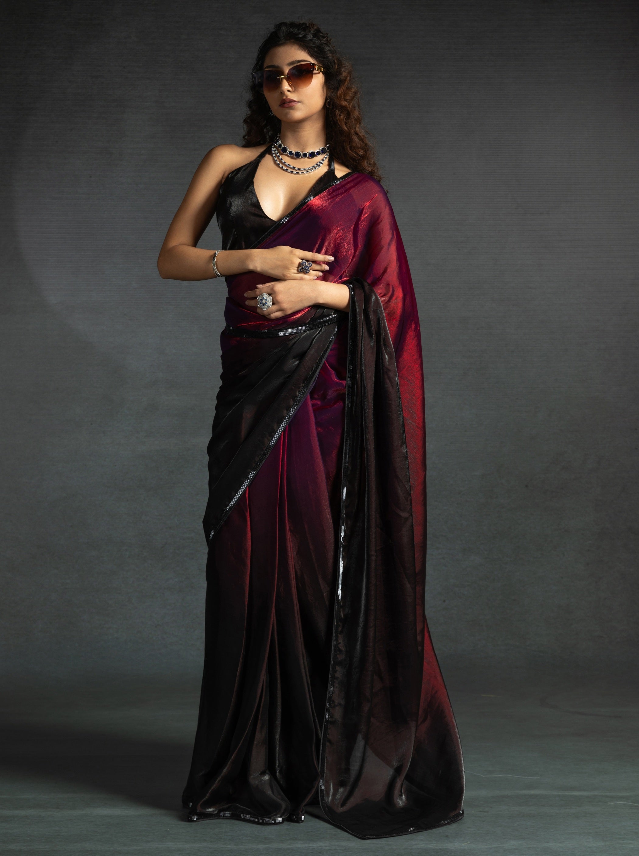 Mahogany Red Fancy Ready to Wear Saree With Stone Work Border