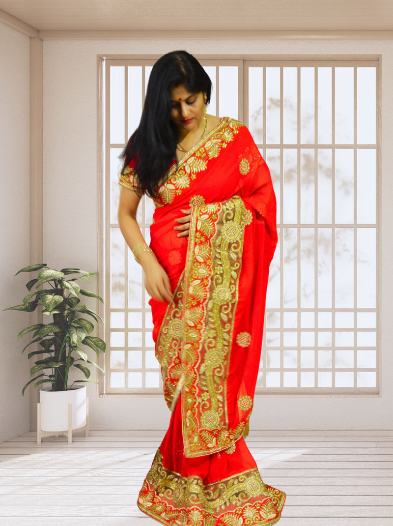 Red Wedding Saree With Golden Zari & Kundan Stone Embroidery - TrendOye
