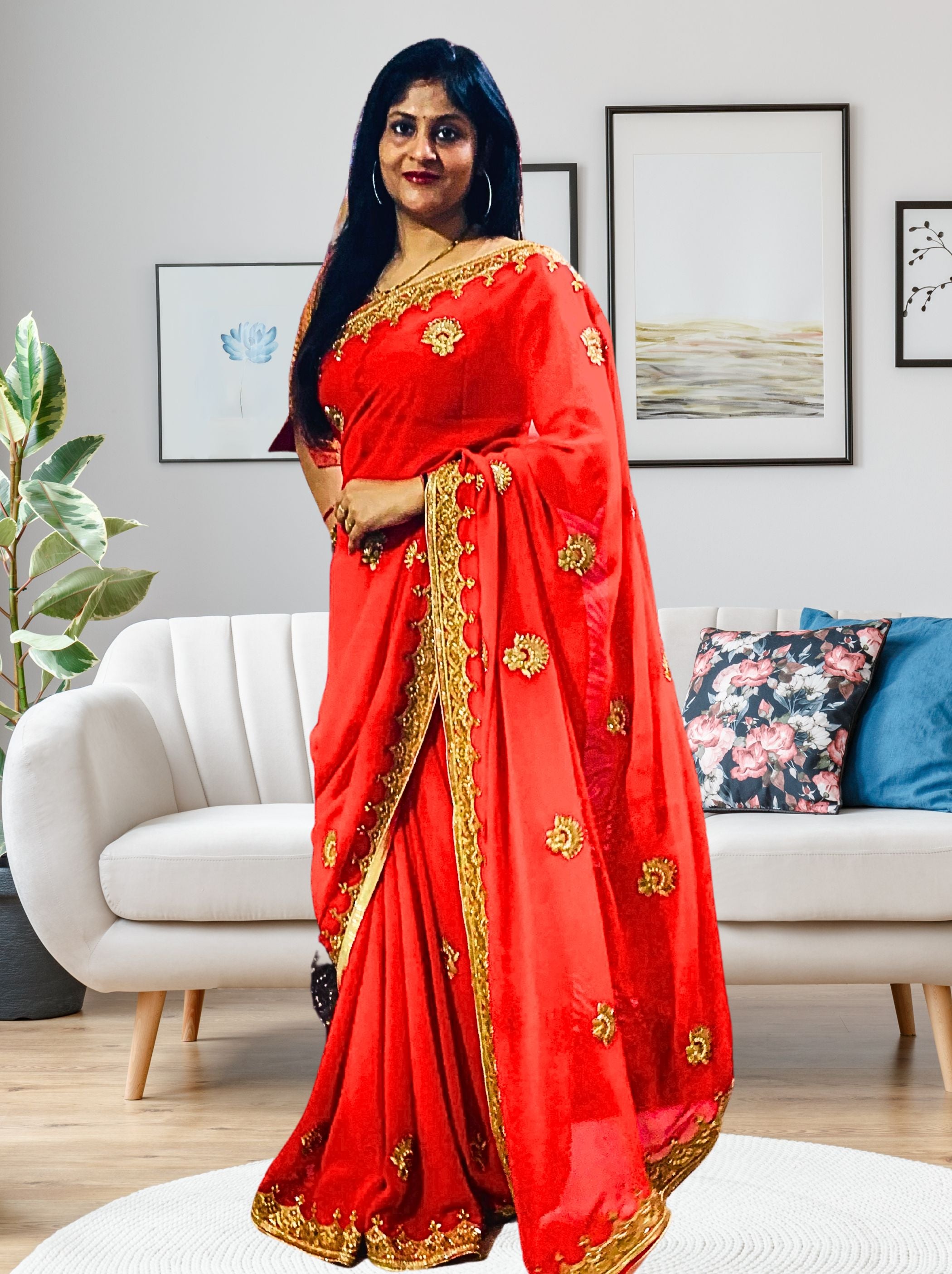 Red Wedding Festive Saree With Kundan Stone Work