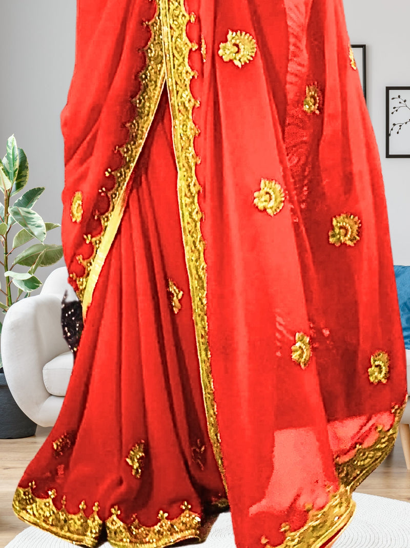 Red Wedding & Festive Saree With Kundan Stone Work - TrendOye