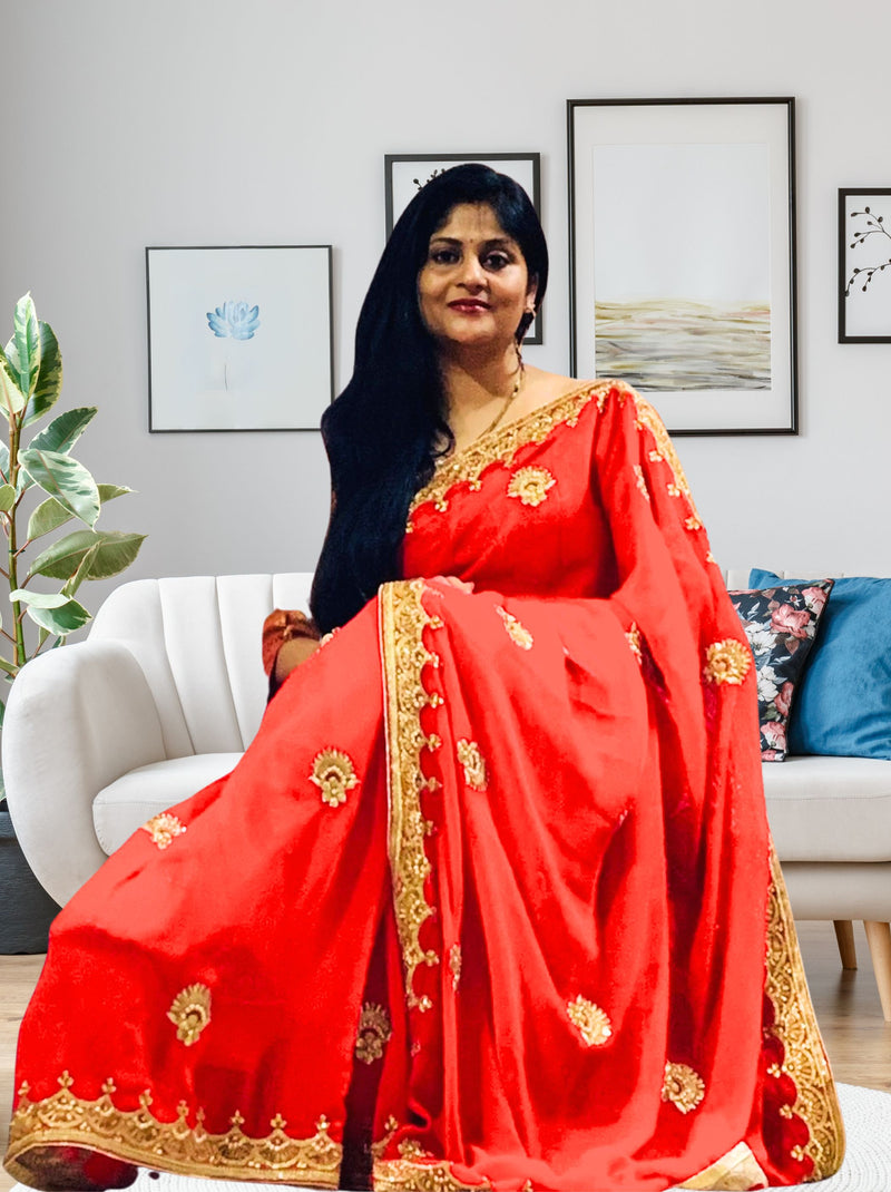 Red Wedding & Festive Saree With Kundan Stone Work - TrendOye