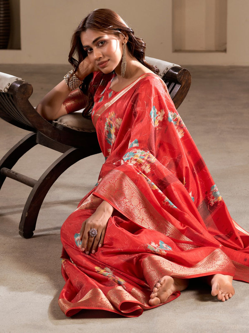 Pinkish Red Premium Dola Silk Designer Saree